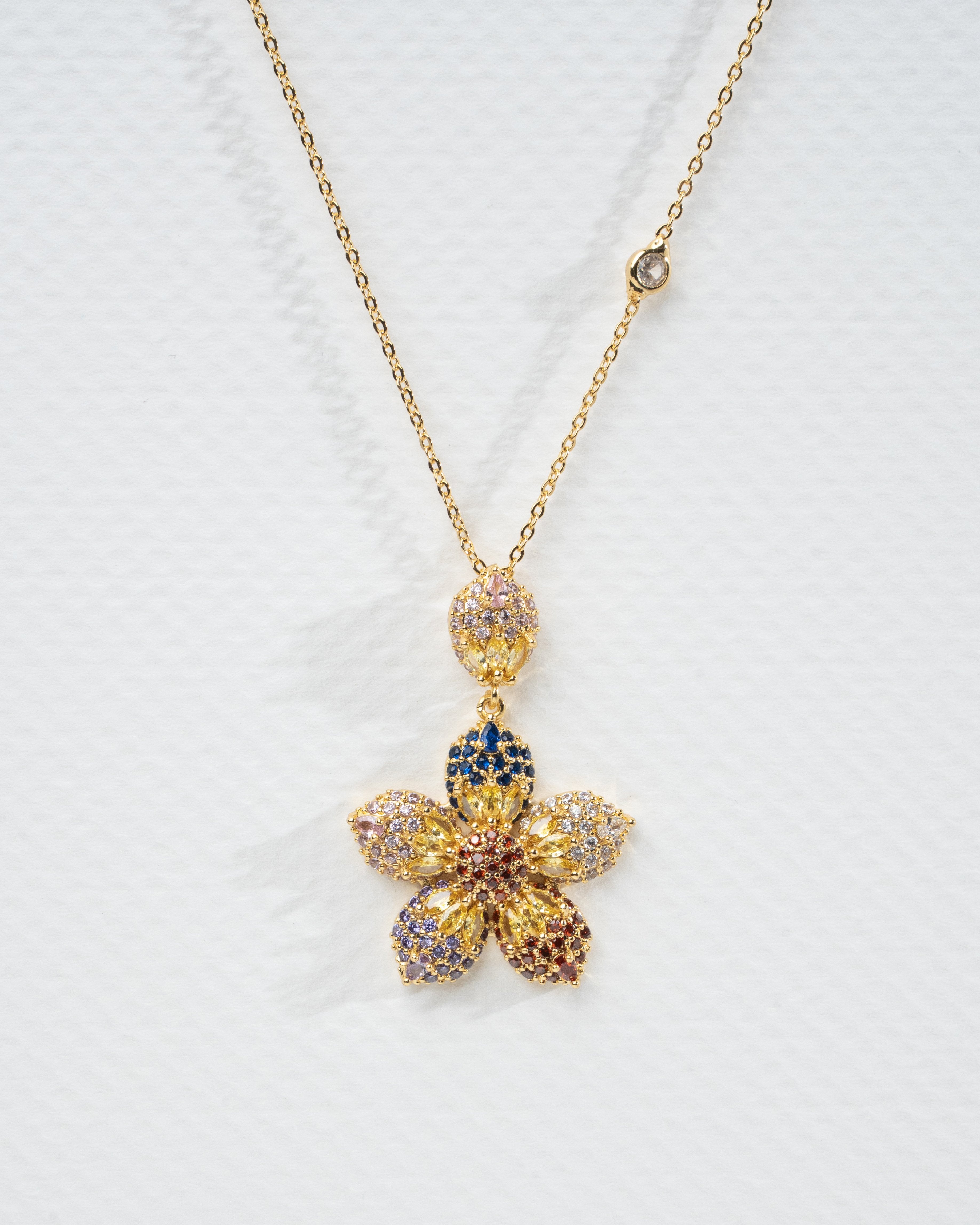 Exquisite Floral Gold Necklace and Earring Set with Multicolor Gemstones