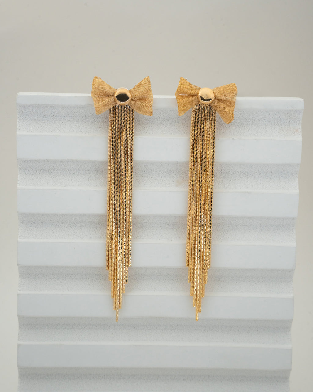 Elegant Gold Bow Tassel Earrings