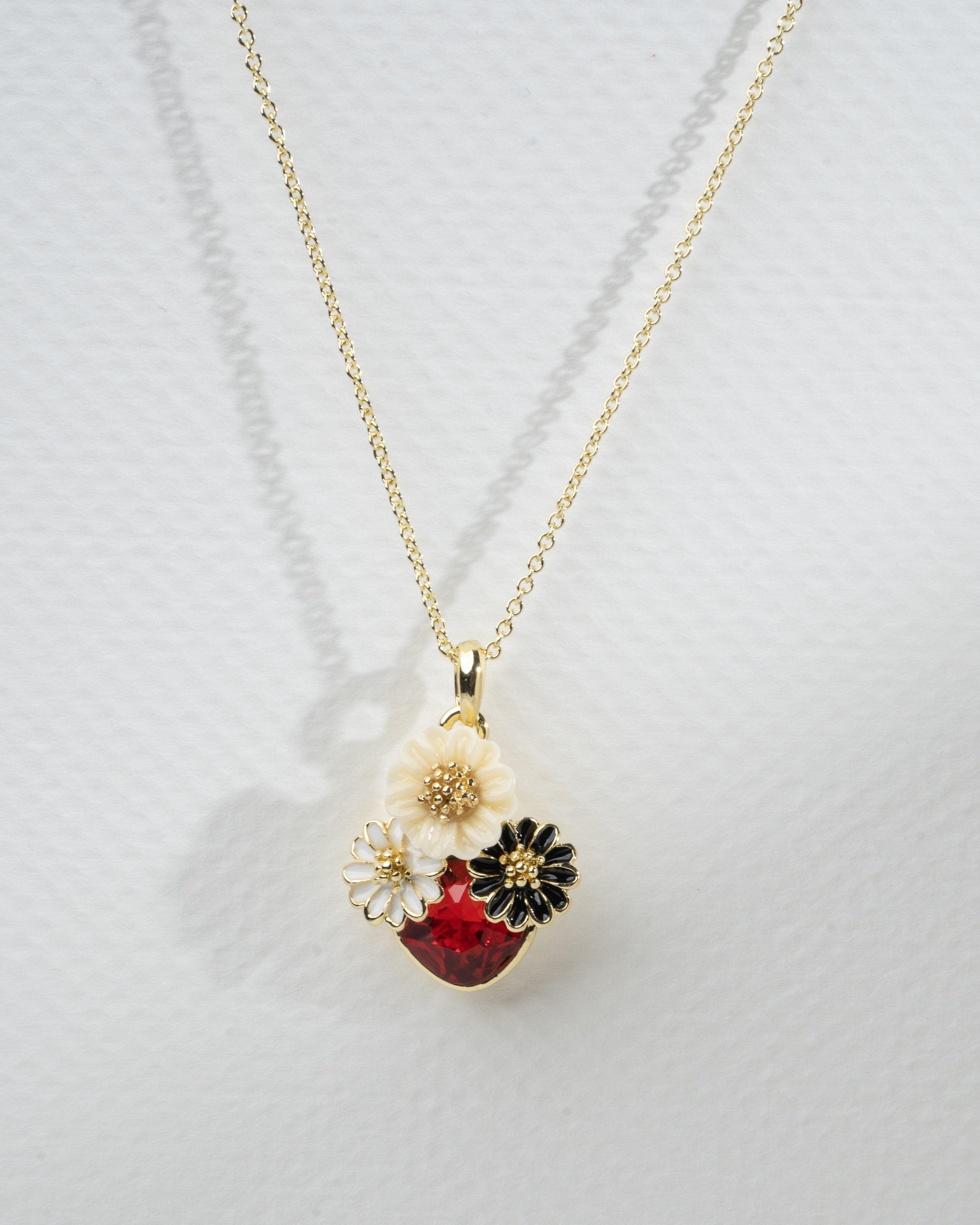 Elegant Floral Charm Necklace and Earrings Set with Red Heart Accents