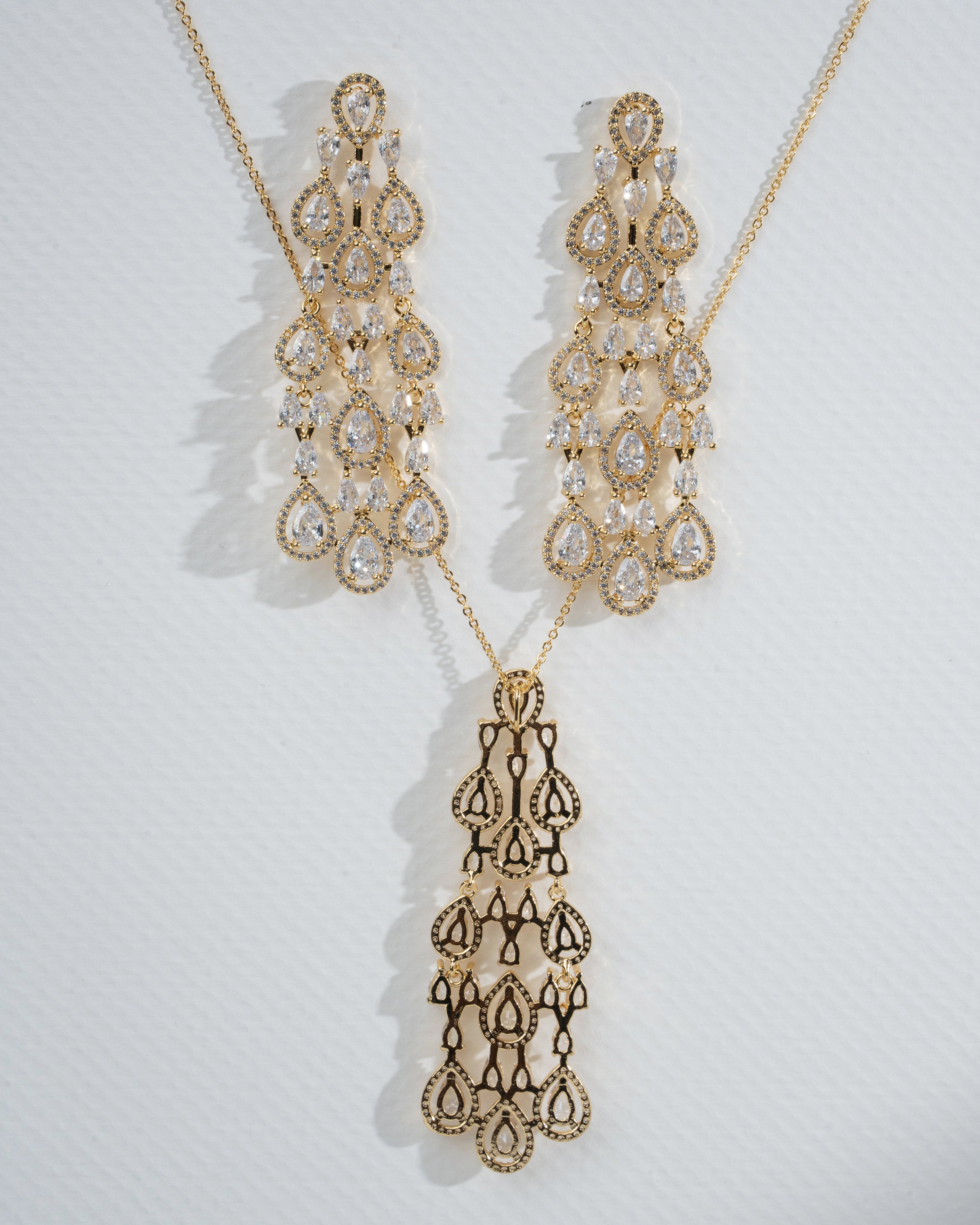 Elegant Gold Chandelier Jewelry Set with Pear-Cut Crystals