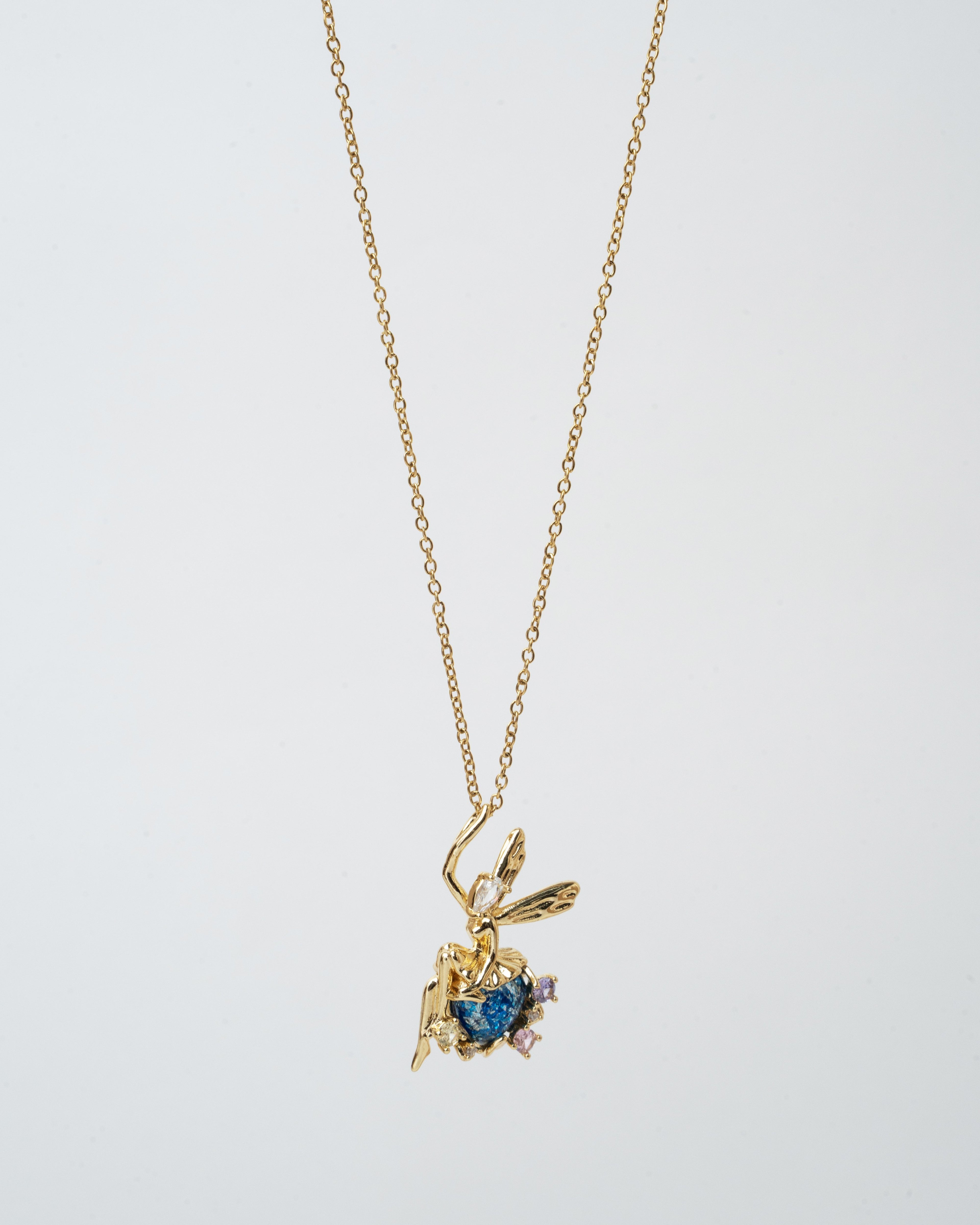 Enchanted Fairy Gold Pendant Necklace with Blue Gemstone