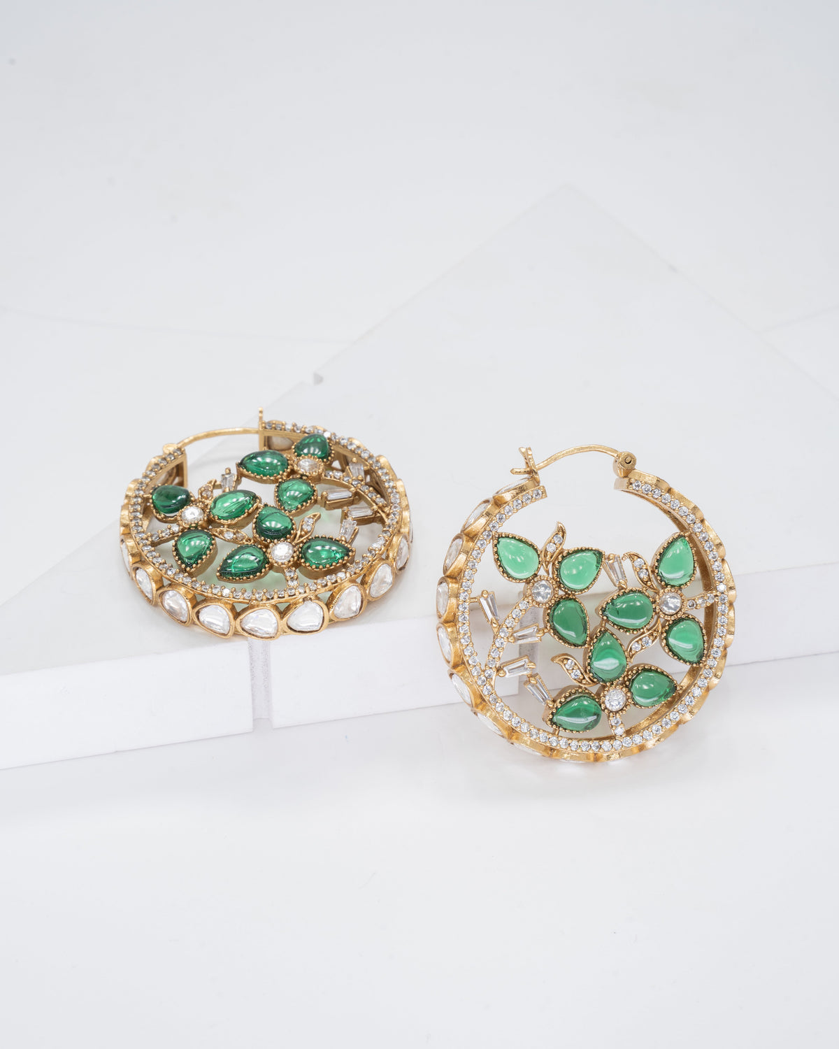 Emerald Green Gemstone Embellished Hoop Earrings