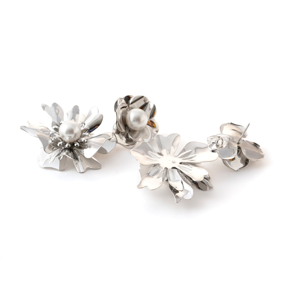 Elegant Silver Flower Drop Earrings with Pearl Accents