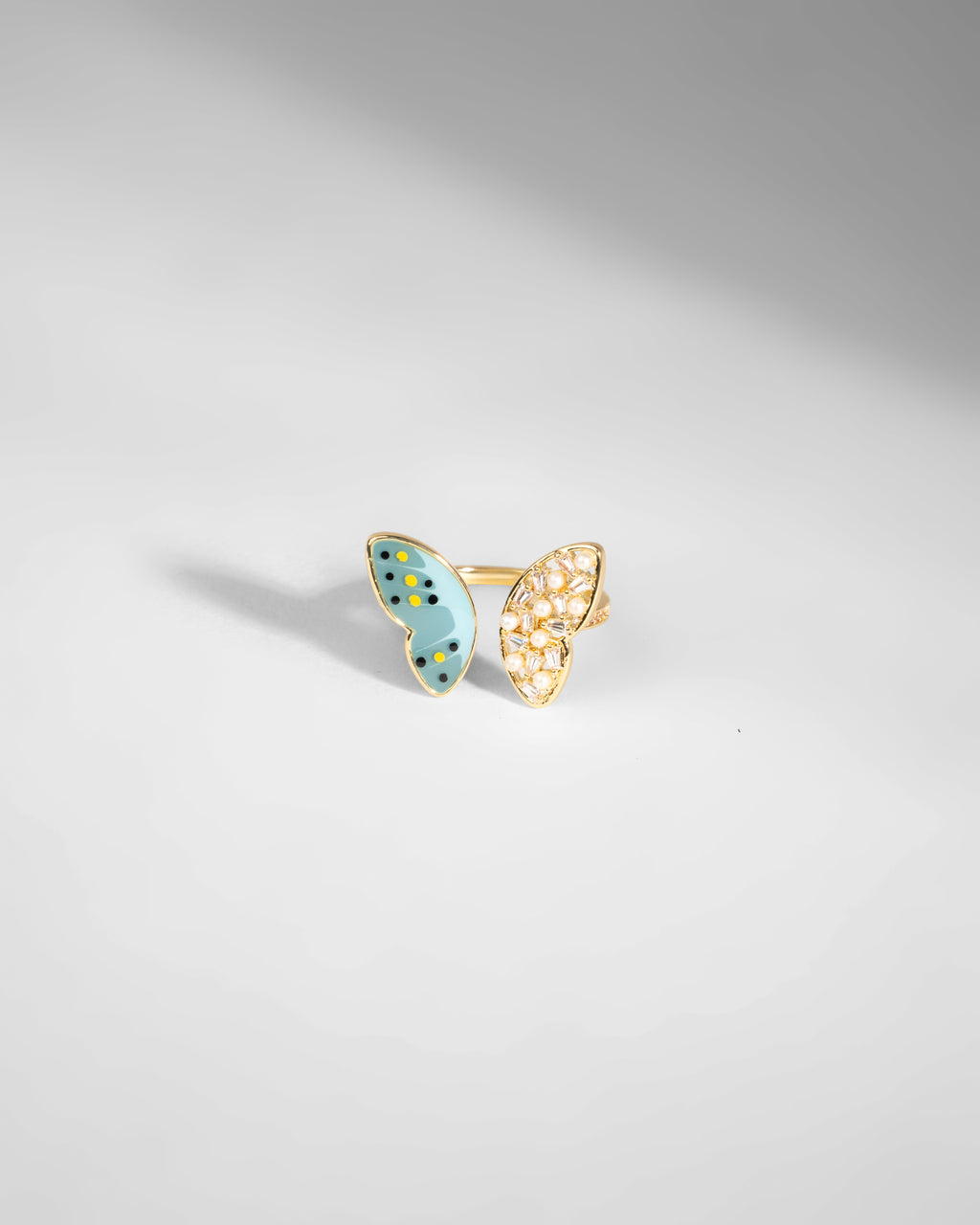 Elegant Enamel and Crystal Butterfly Ring