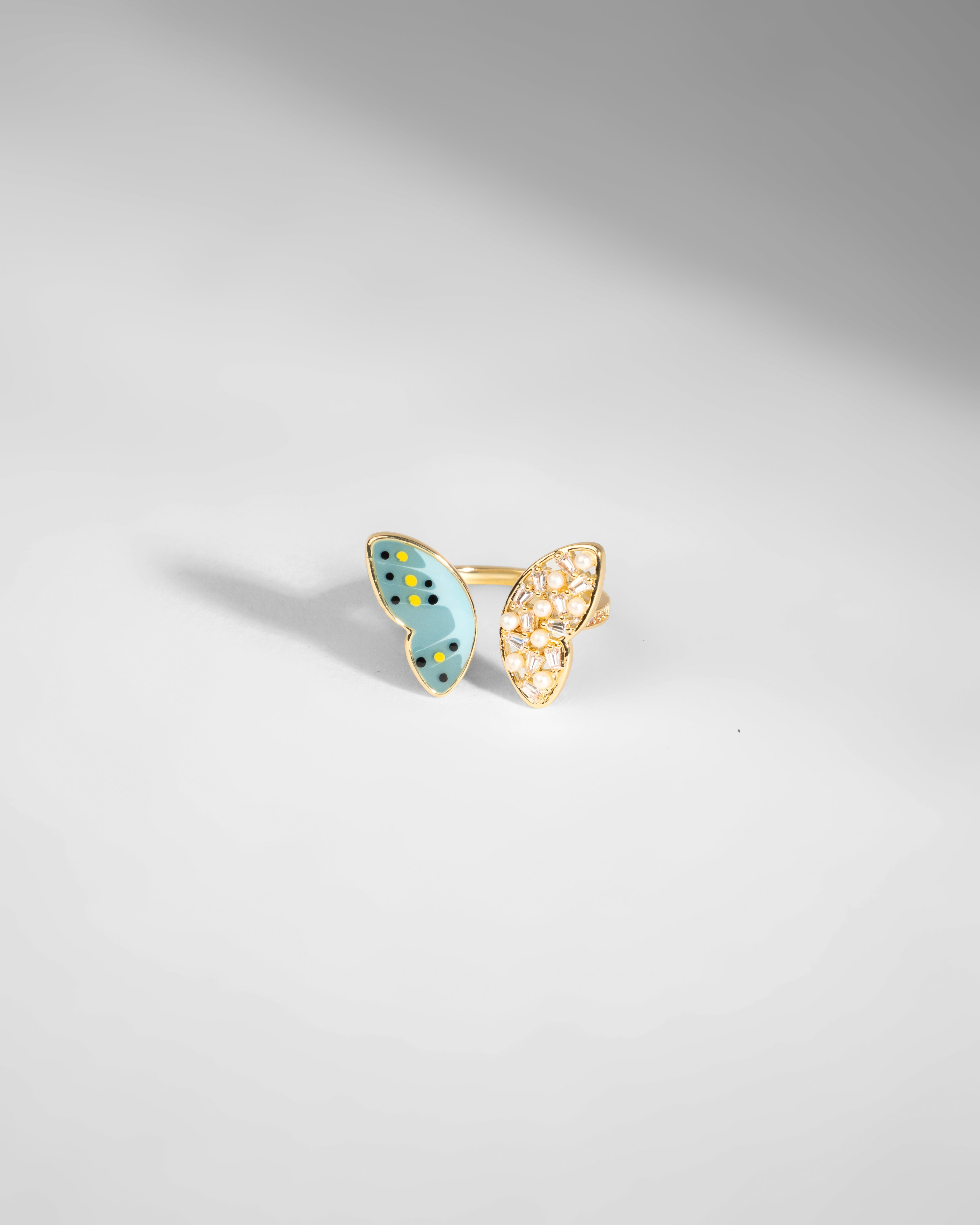 Elegant Enamel and Crystal Butterfly Ring
