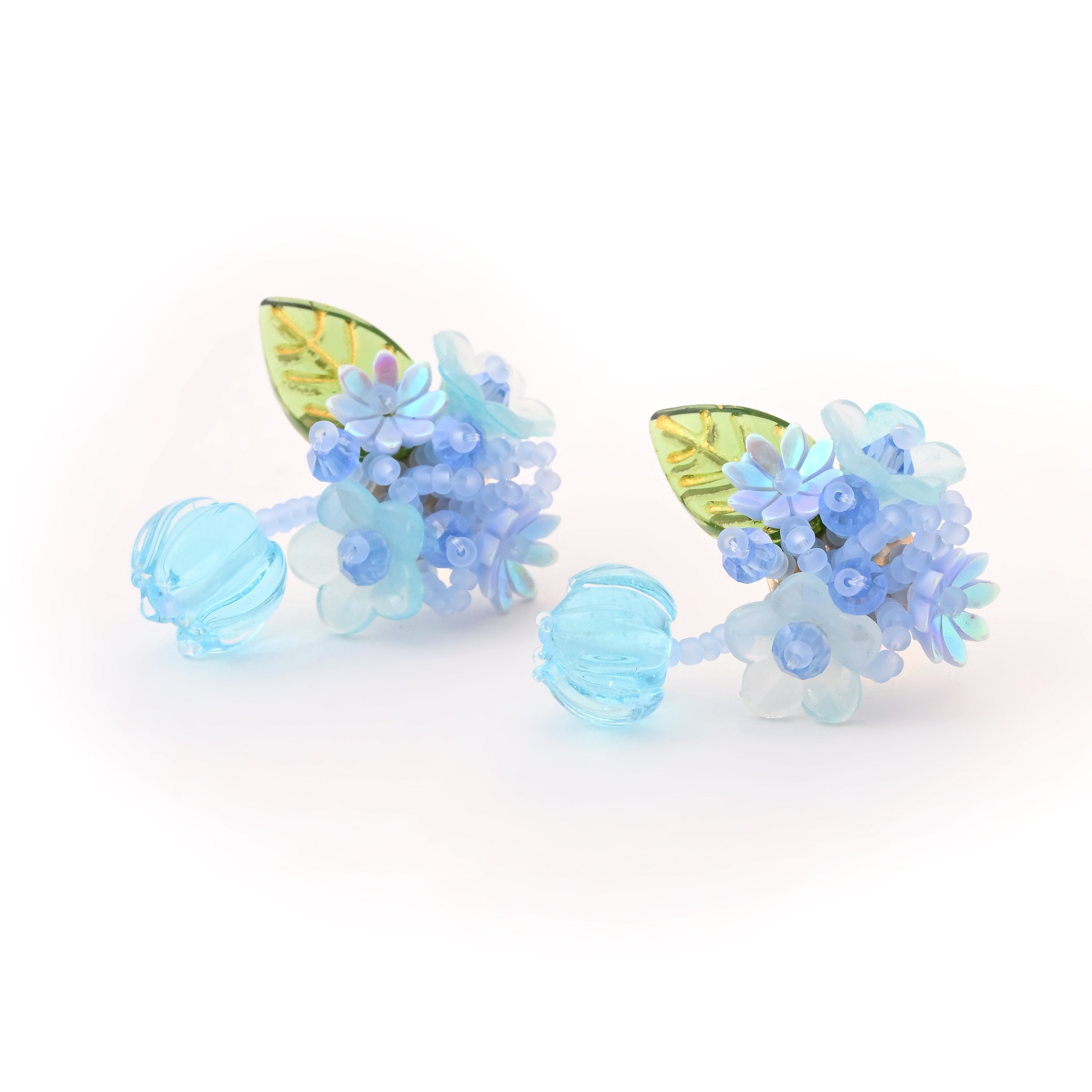 Exquisite Floral Blue Blossom Earrings with Leaf Accents