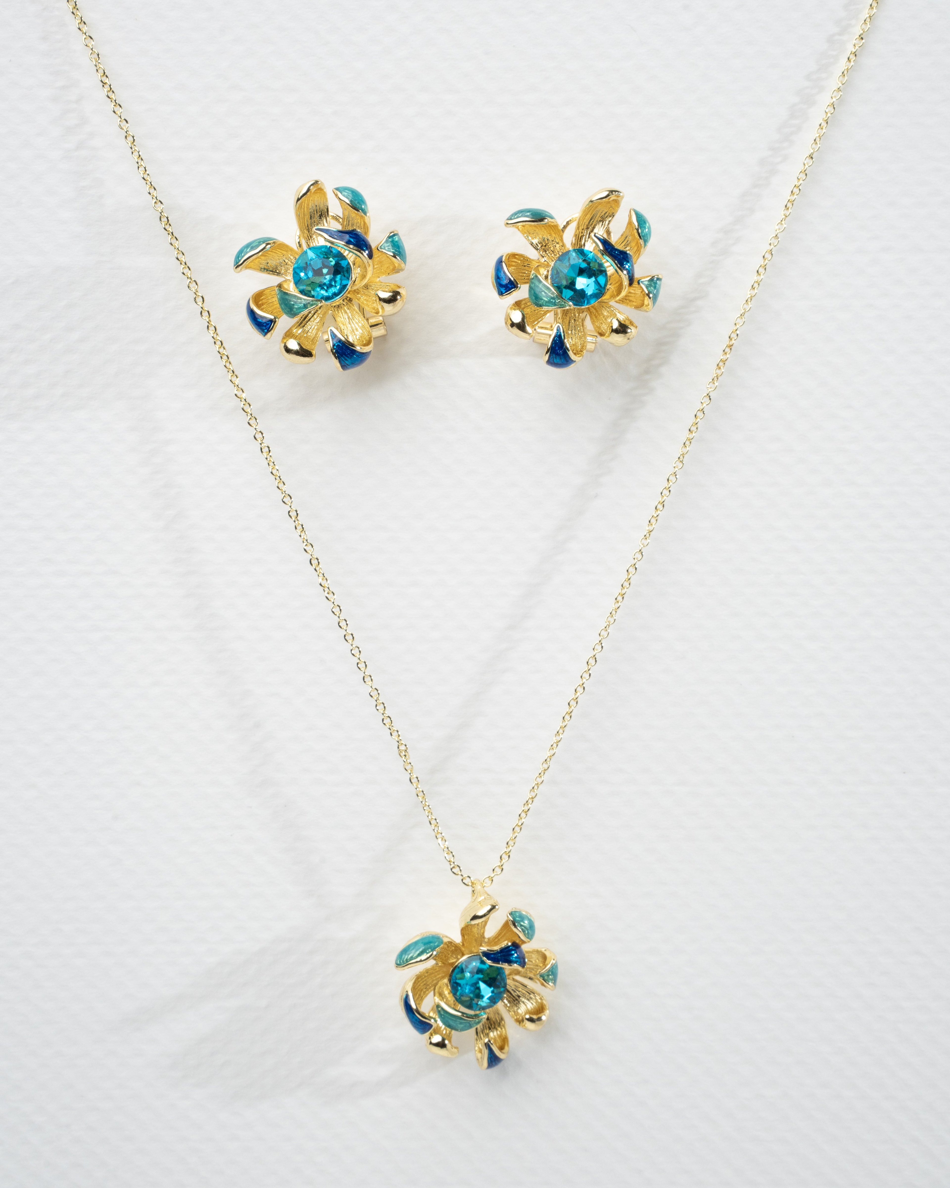Exquisite Blue Floral Pendant and Earring Set
