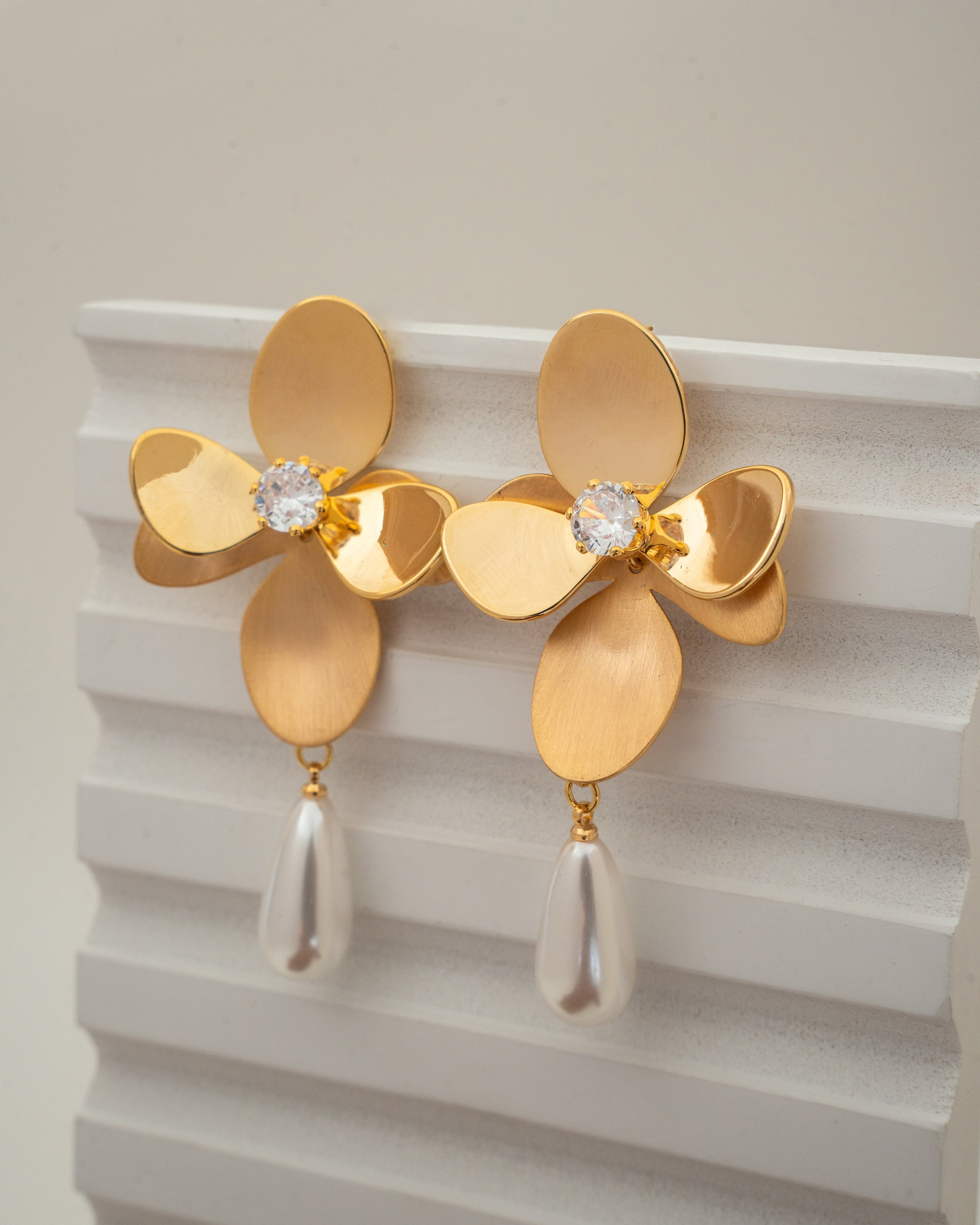 Elegant Floral Gold-Plated Drop Earrings with Pearl Accents