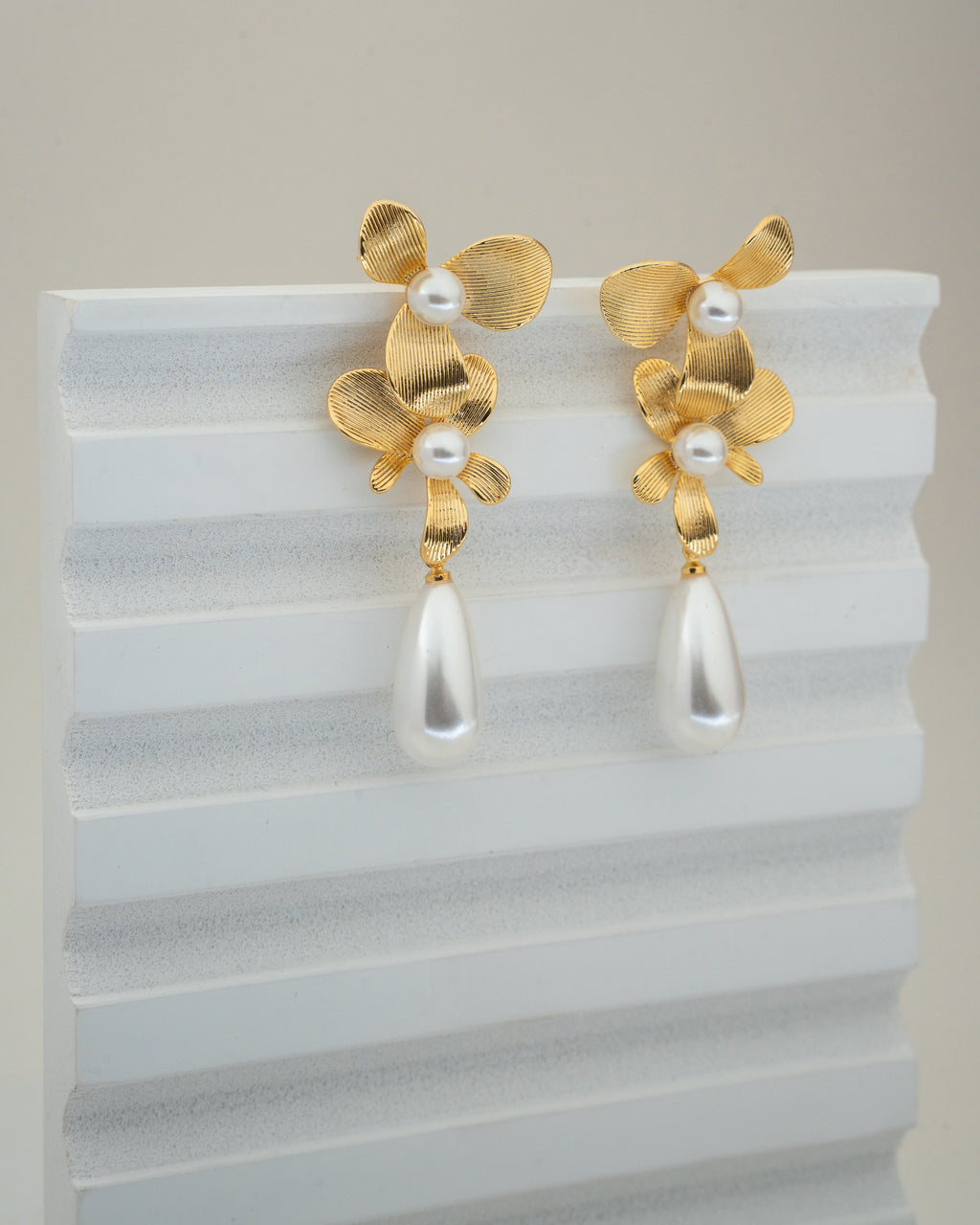 Elegant Gold Petal & Pearl Drop Earrings