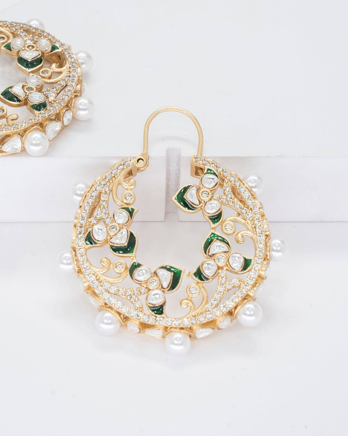 Exquisite Gold-Plated Kundan Meenakari Chandbali Earrings with Pearl Accents