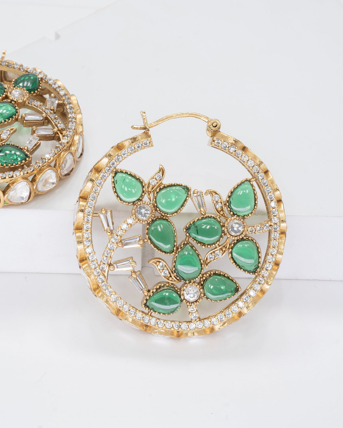 Emerald Green Gemstone Embellished Hoop Earrings