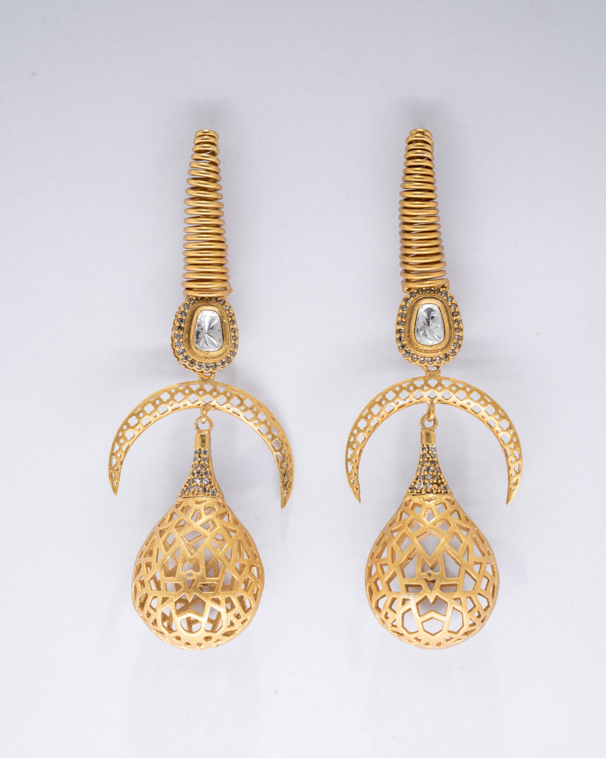 Elegant Gold Filigree Drop Earrings with Crystal Accents