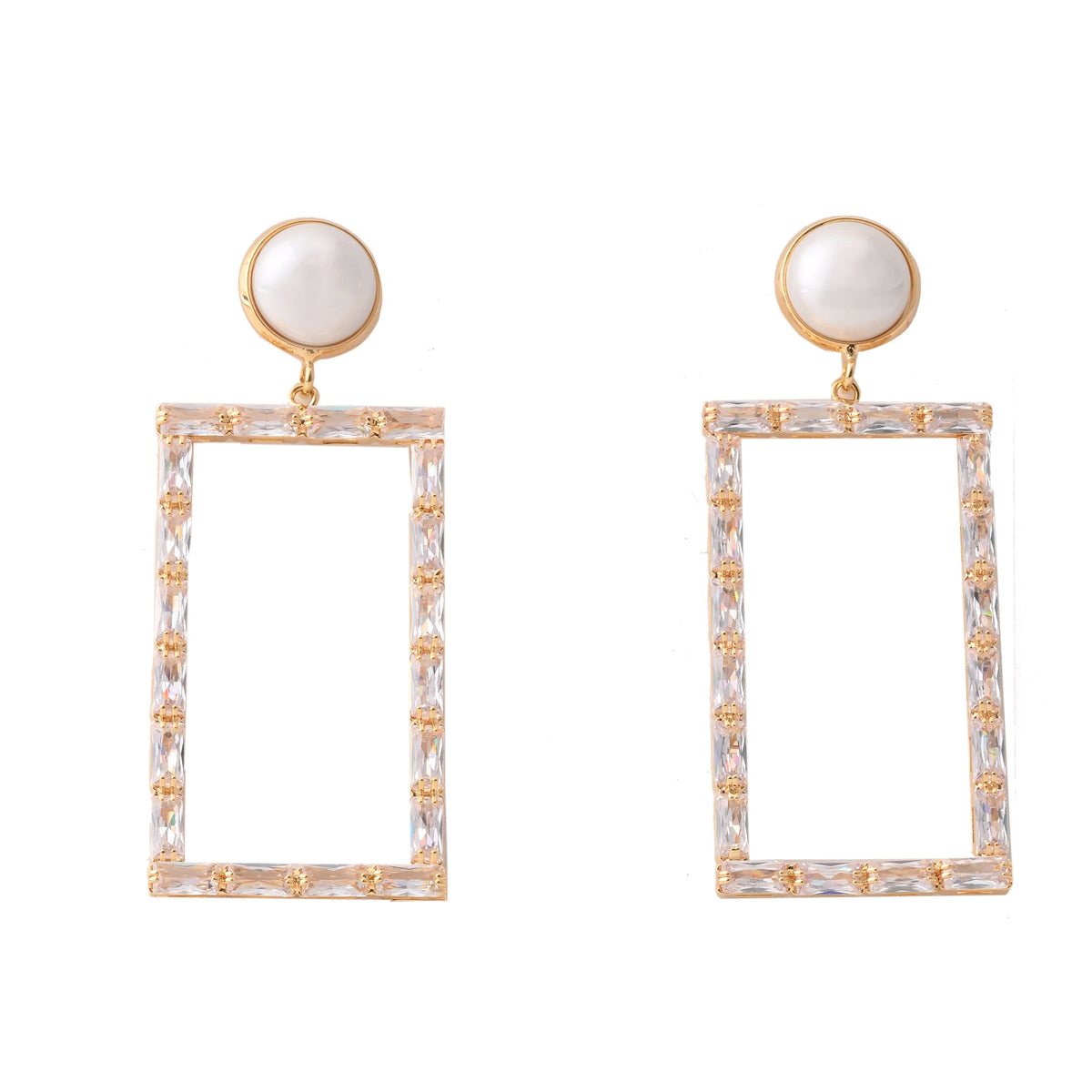 Elegant Pearl & Crystal Gold-Plated Rectangle Drop Earrings