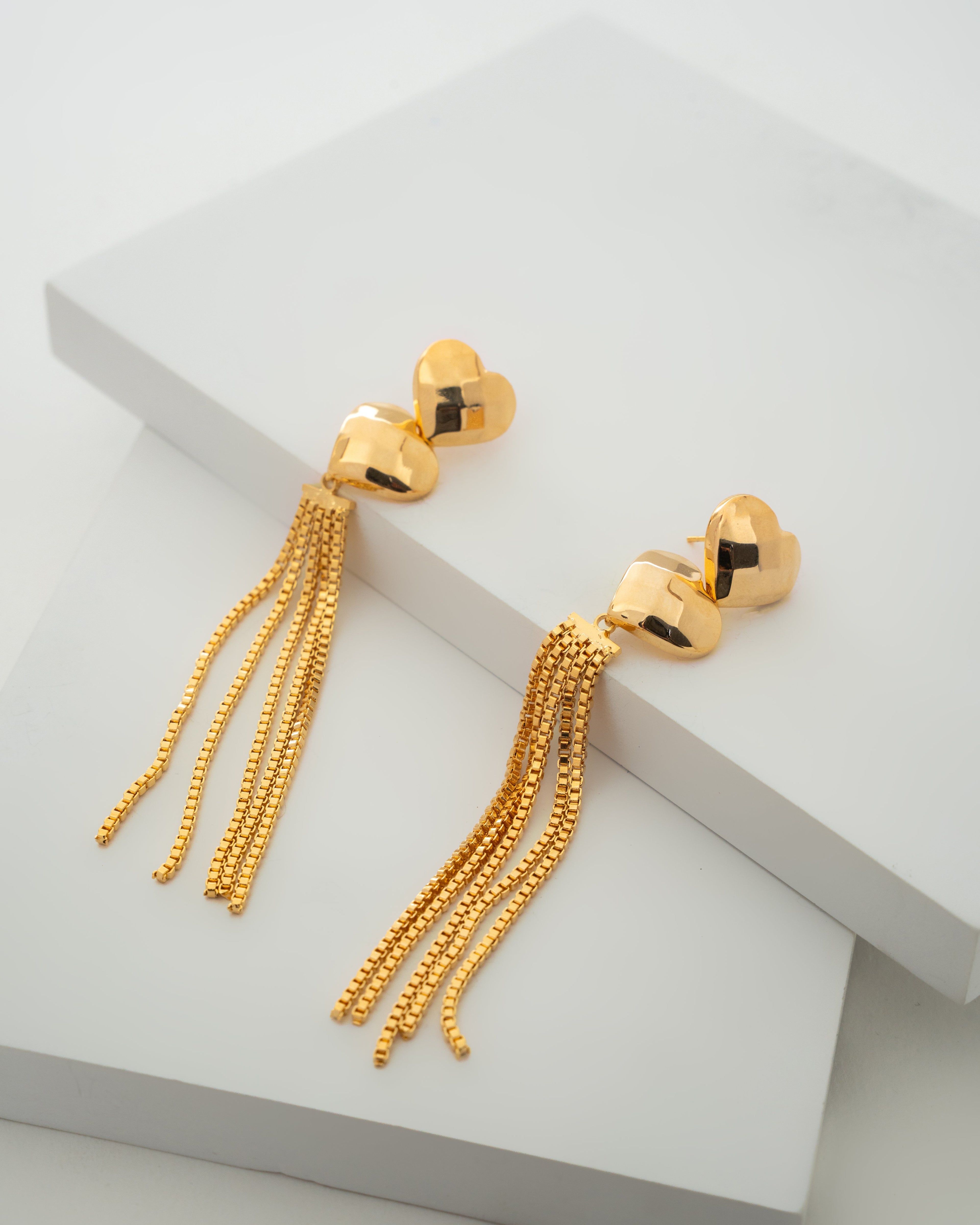 Elegant Heart Gold Tassel Earrings