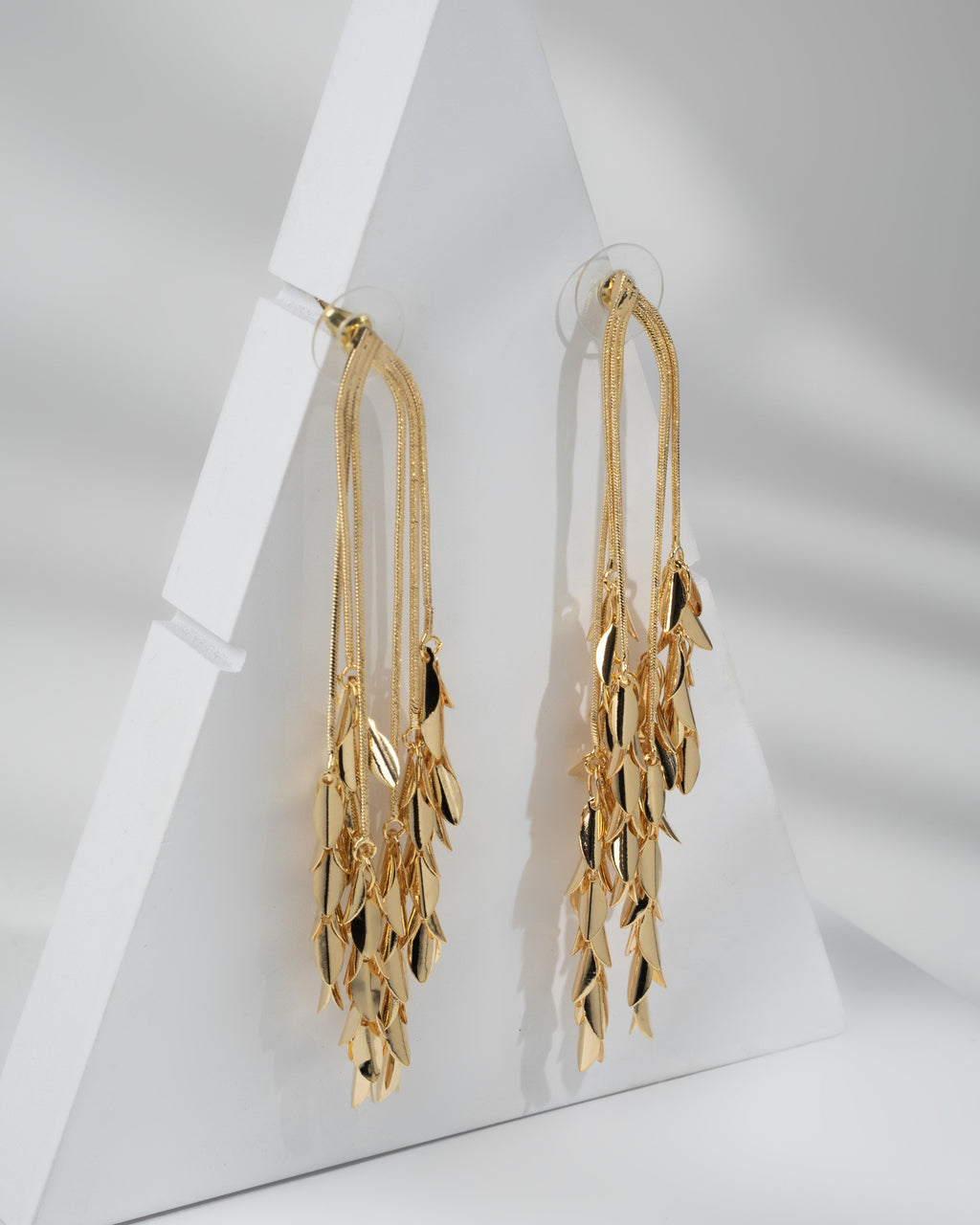 Elegant Gold Leaf Long Drop Earrings