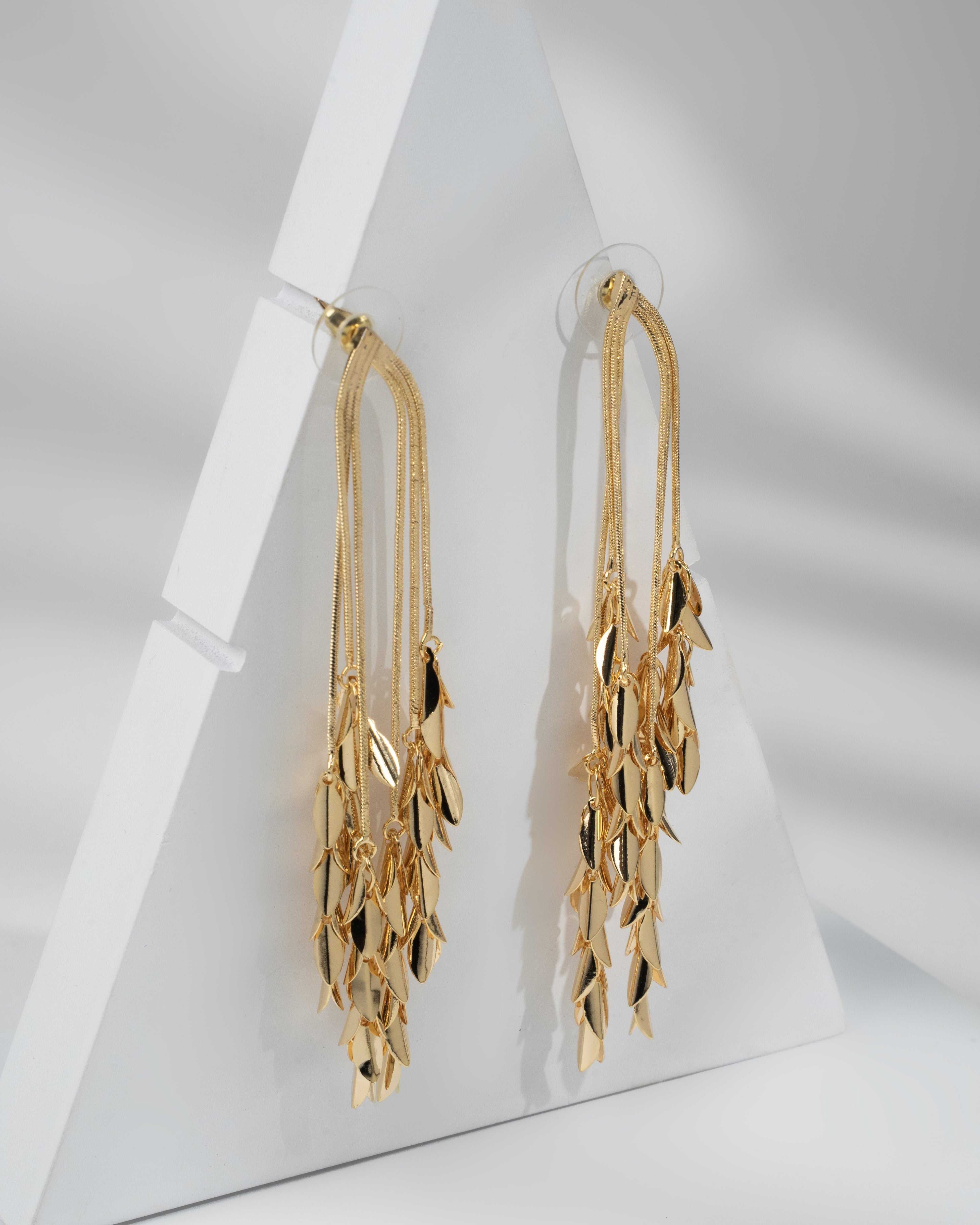 Elegant Gold Leaf Long Drop Earrings