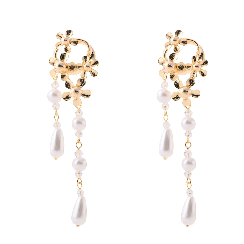 Elegant Floral Gold Pearl Drop Earrings