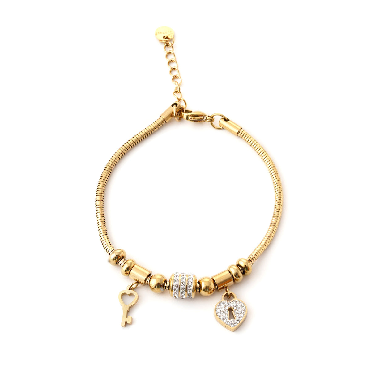 Elegant Gold Charm Bracelet with Key and Heart Pendants