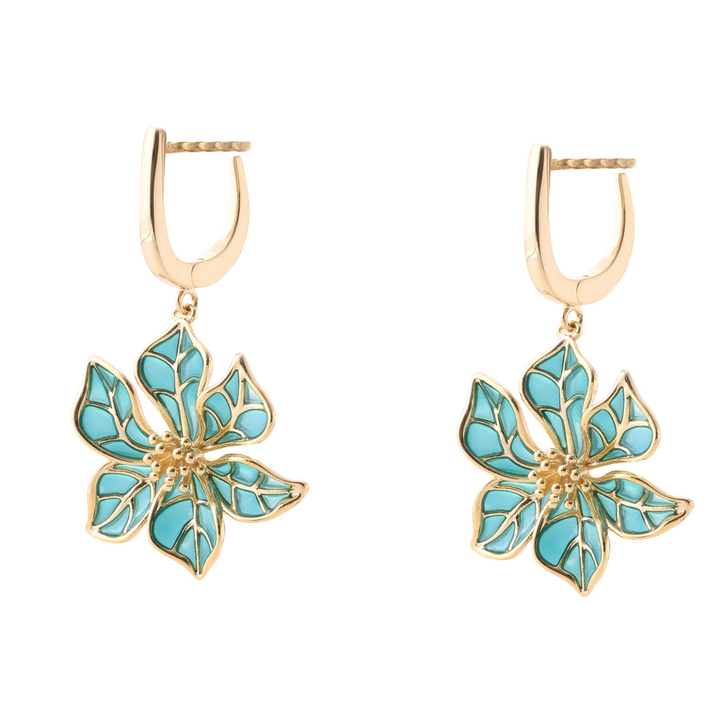 Exquisite Gold-Toned Turquoise Floral Drop Earrings