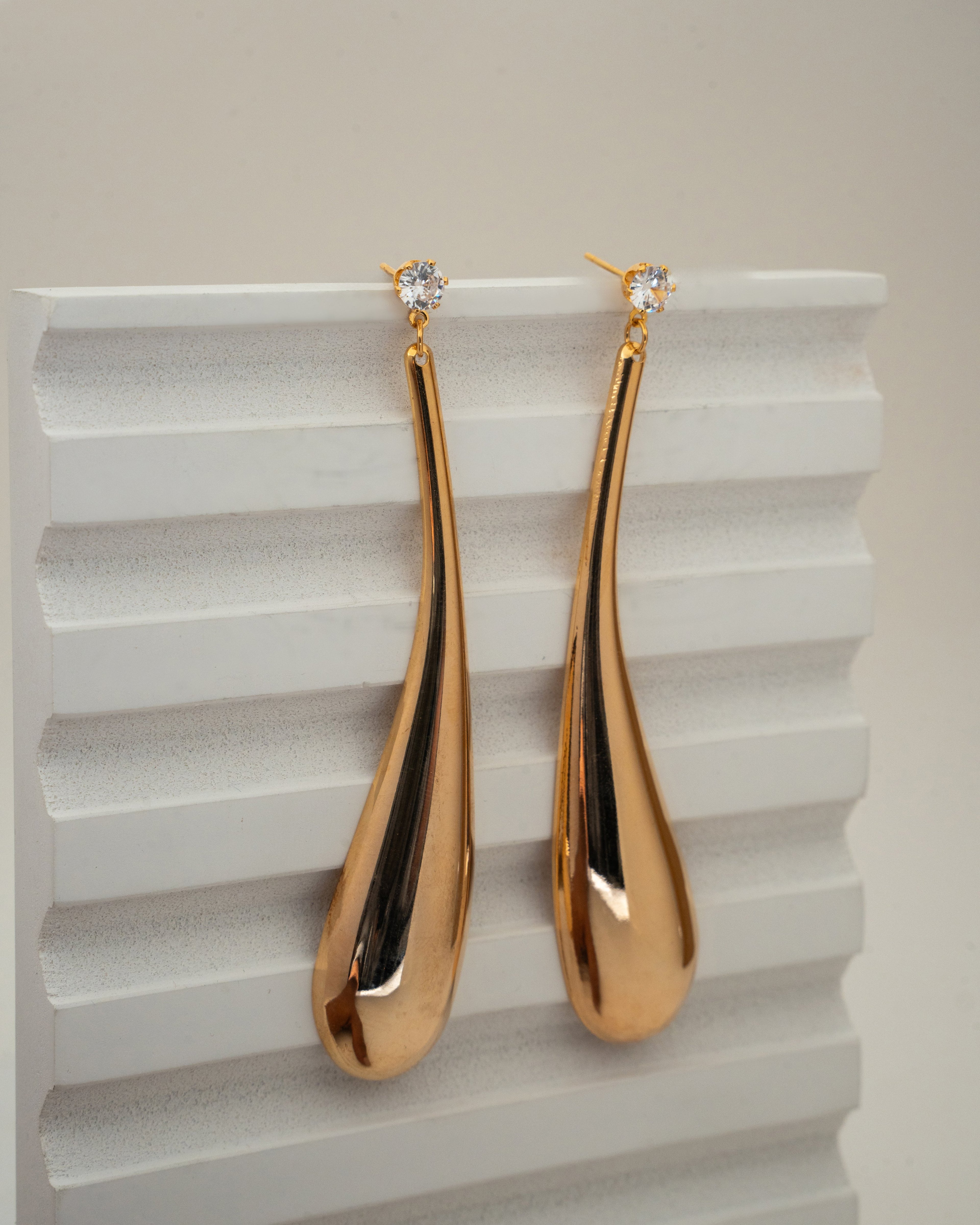 Elegant Gold Teardrop Dangle Earrings with Crystal Studs