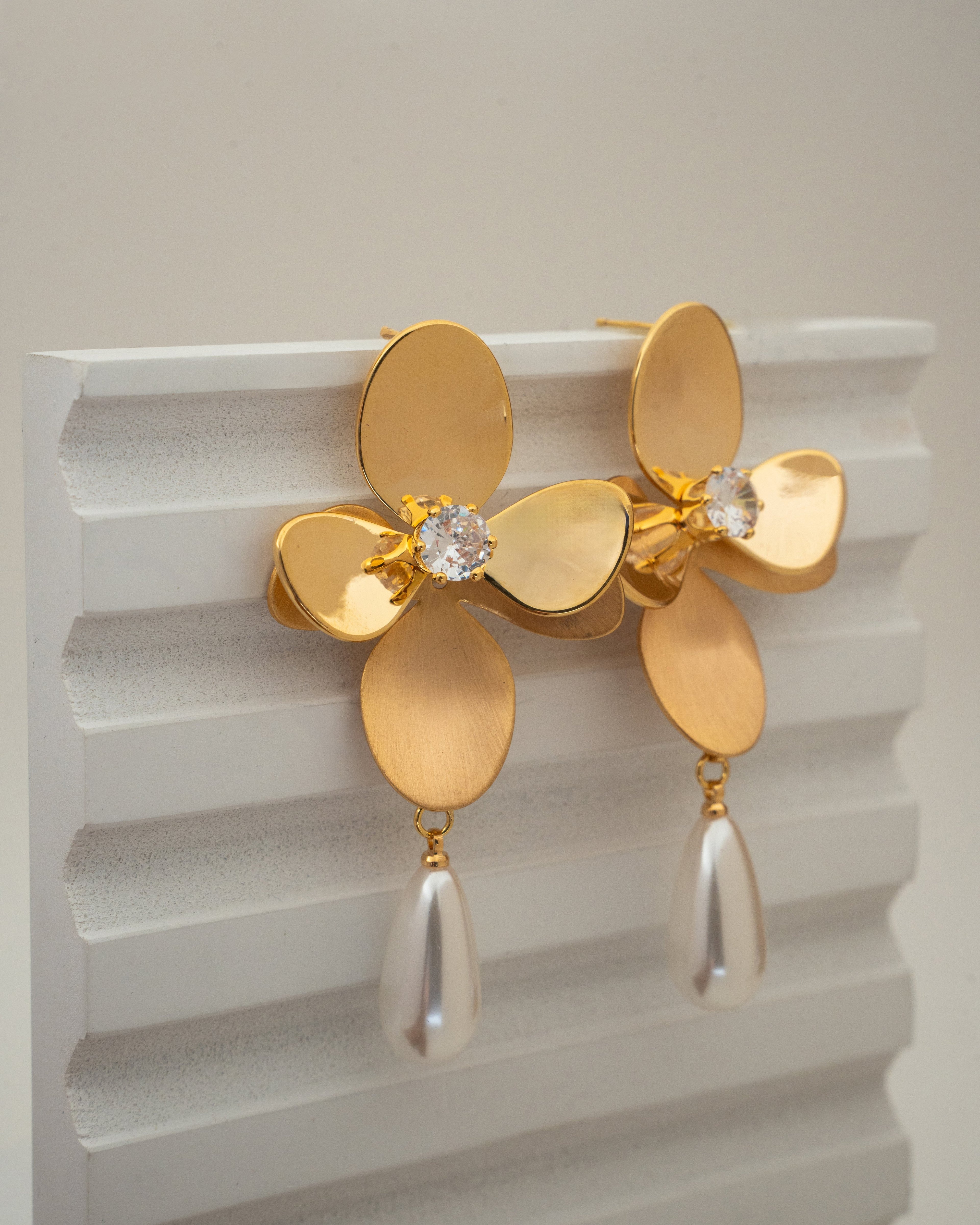 Elegant Floral Gold-Plated Drop Earrings with Pearl Accents