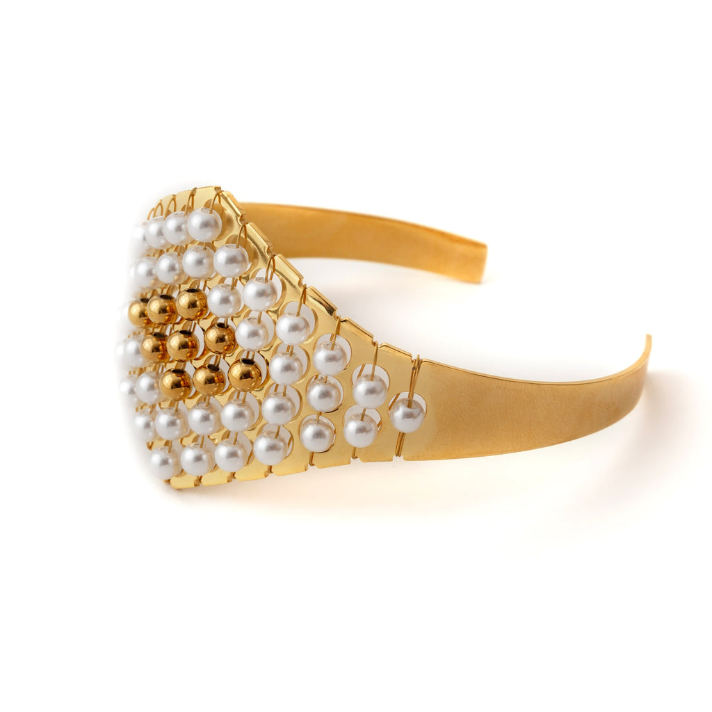 Luxurious Gold & Pearl Geometric Cuff Bracelet