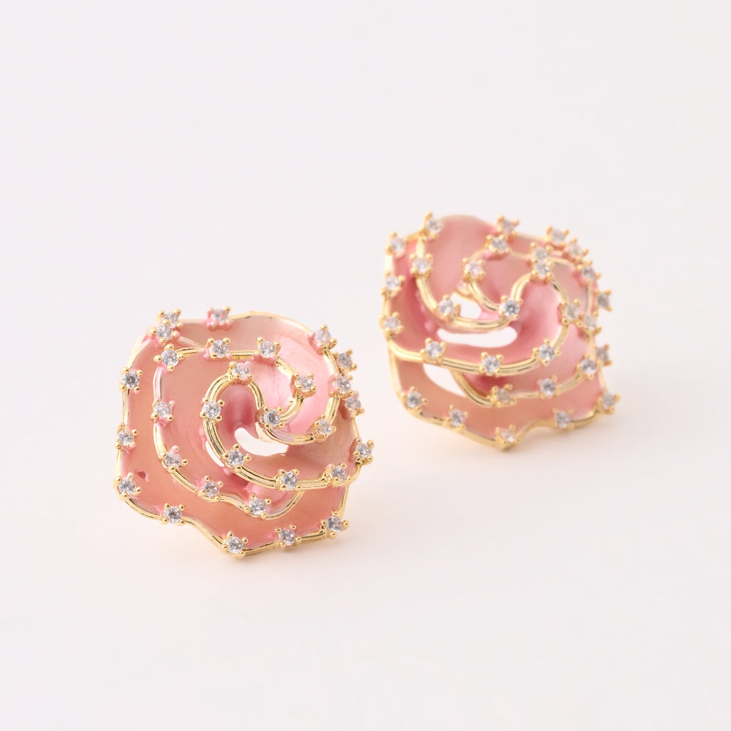 Elegant Rose Swirl Enamel Earrings with Crystal Accents