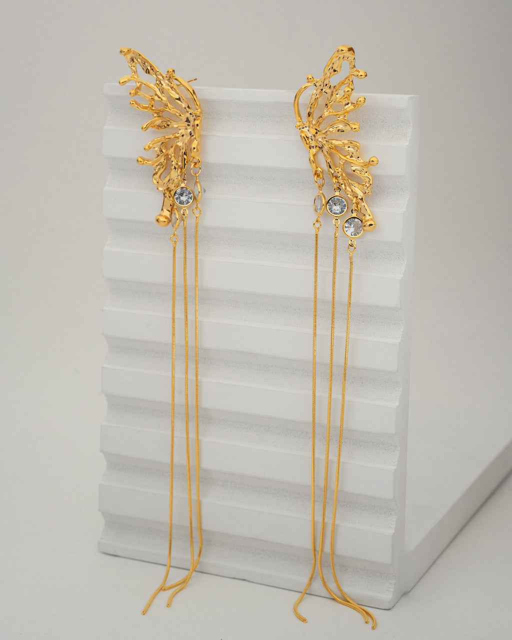Elegant Gold-Plated Butterfly Wing Earrings with Crystal Accents