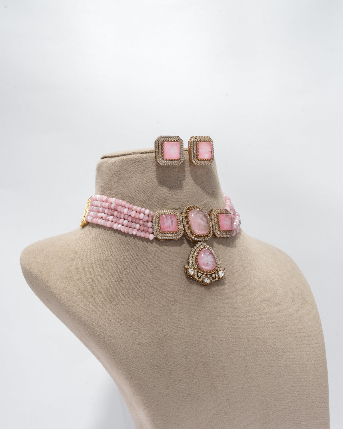 Elegance in Pink: Designer Rhodochrosite Choker and Earrings Set