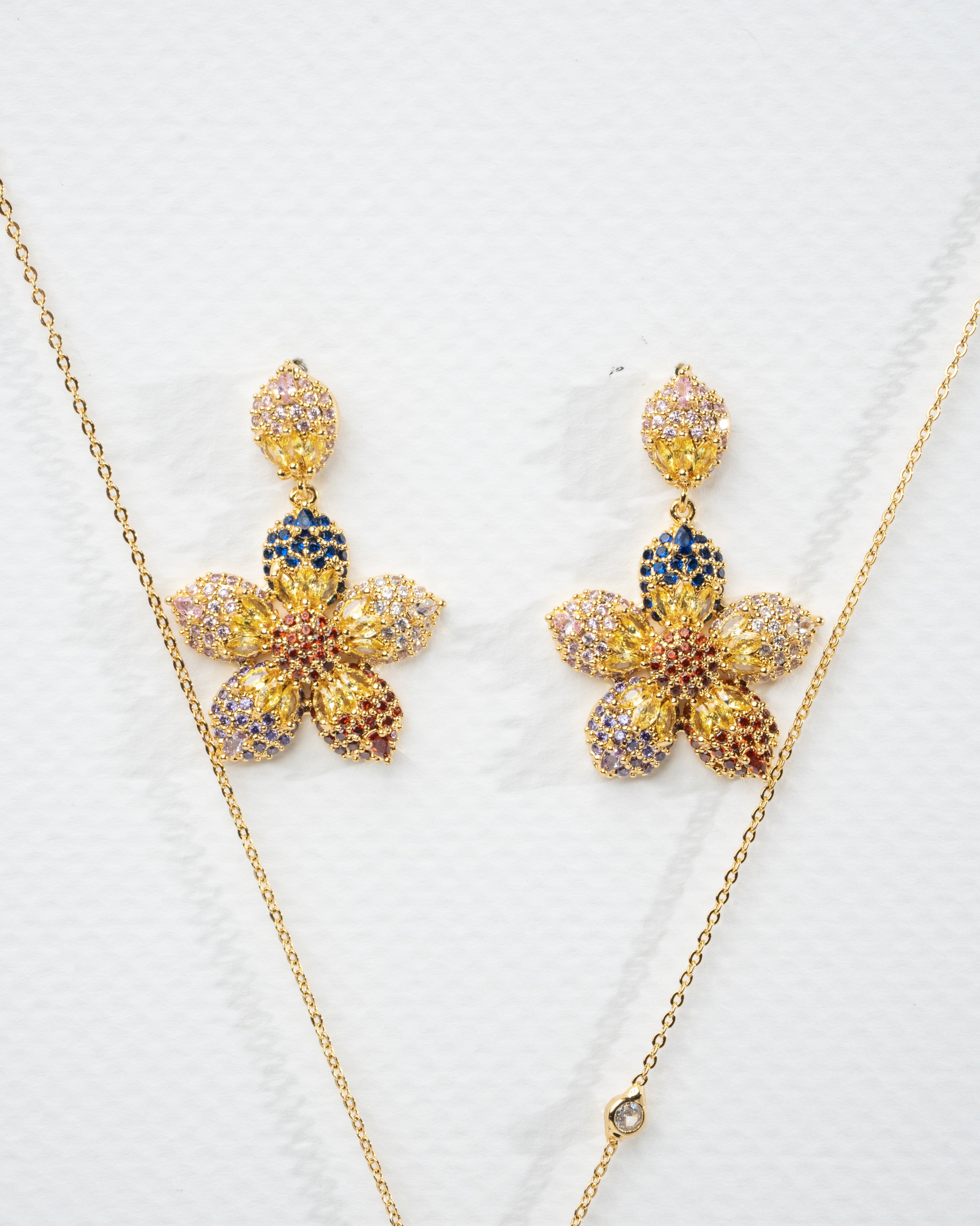 Exquisite Floral Gold Necklace and Earring Set with Multicolor Gemstones