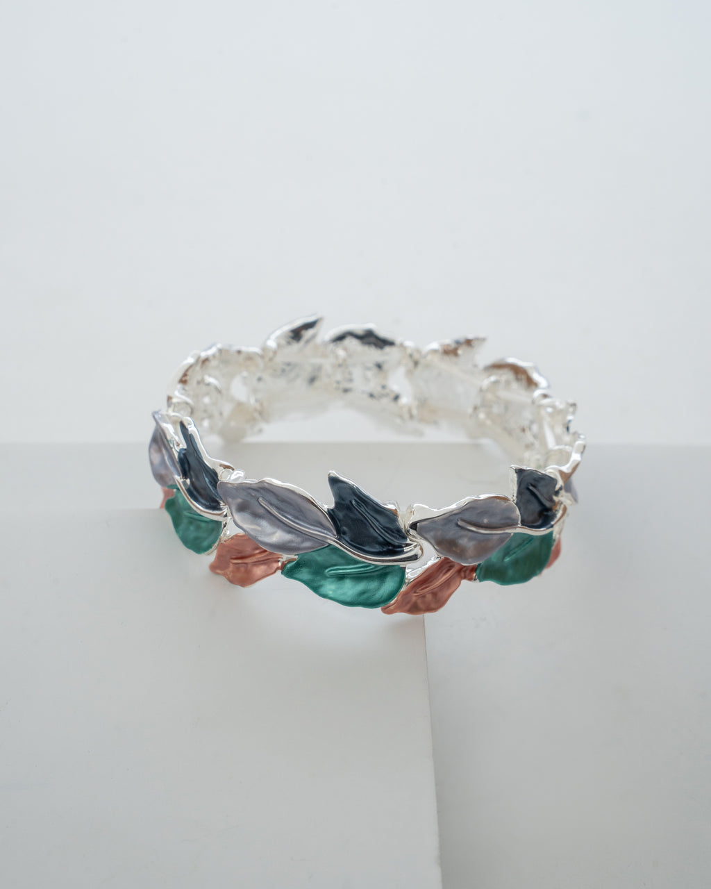 Elegant Multicolor Leaf Motif Silver Bracelet