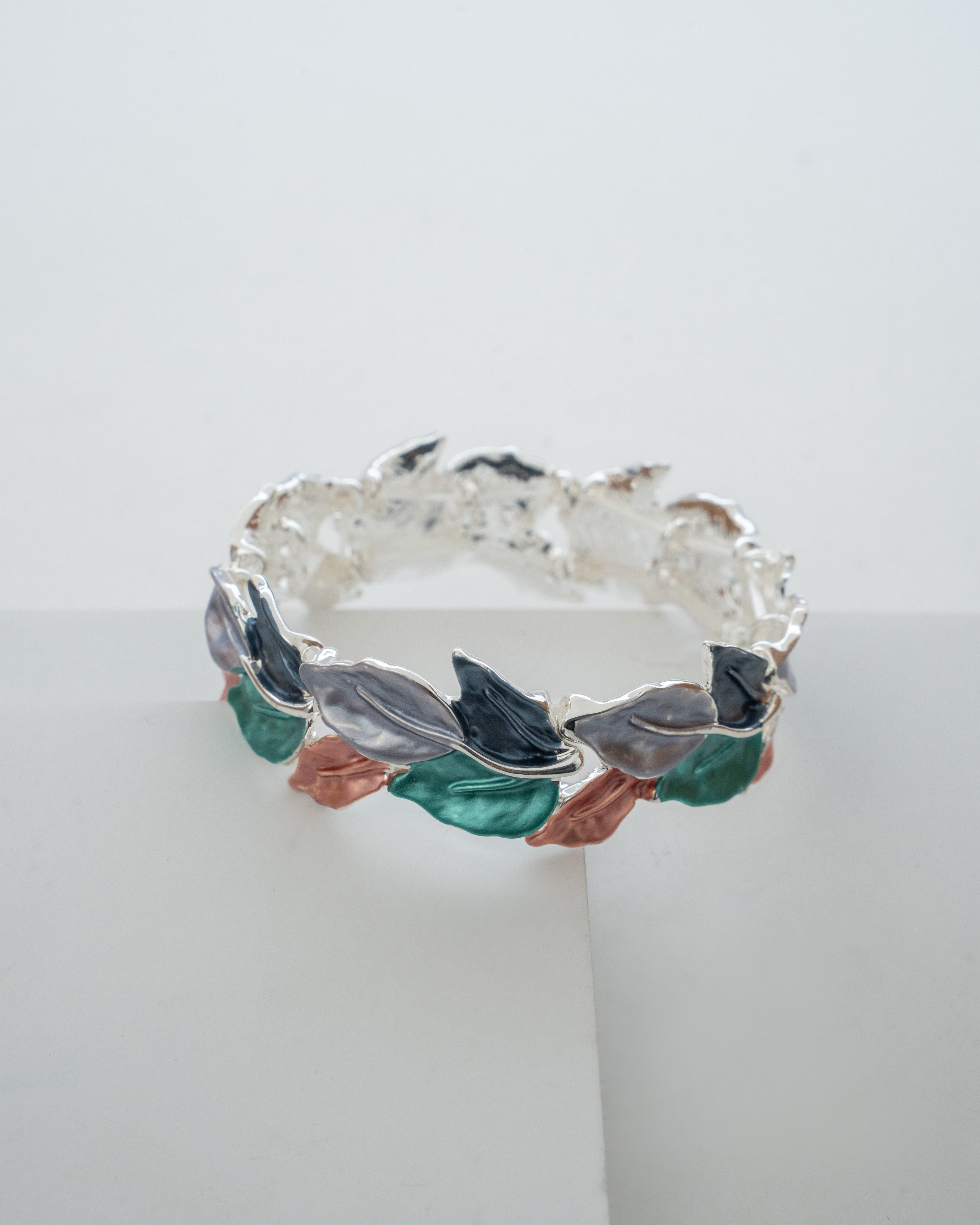 Elegant Multicolor Leaf Motif Silver Bracelet