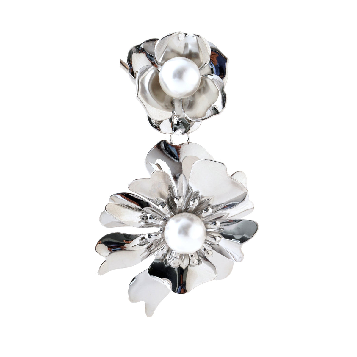 Elegant Silver Flower Drop Earrings with Pearl Accents