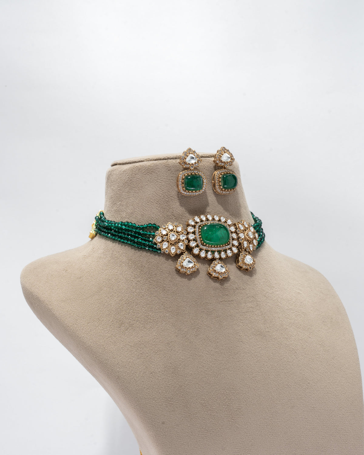 Exquisite Emerald and Crystal Gold Plated Choker Set with Matching Earrings