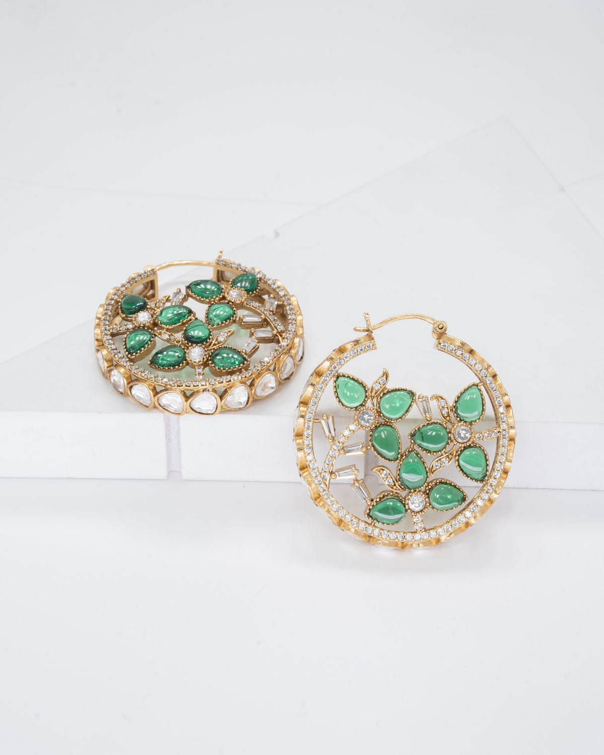 Emerald Green Gemstone Embellished Hoop Earrings