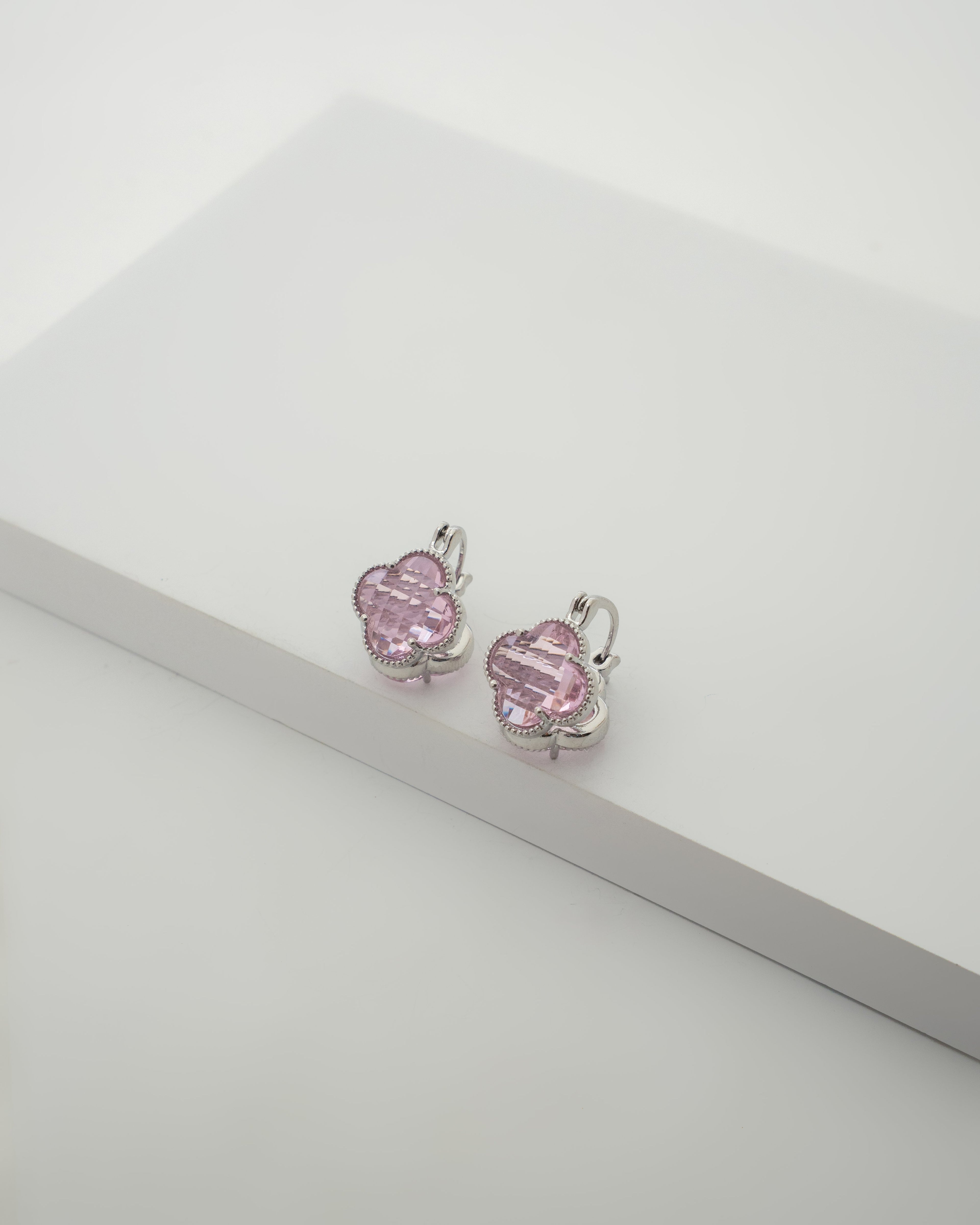 Elegant Pink Quartz Clover Earrings with Silver Finish