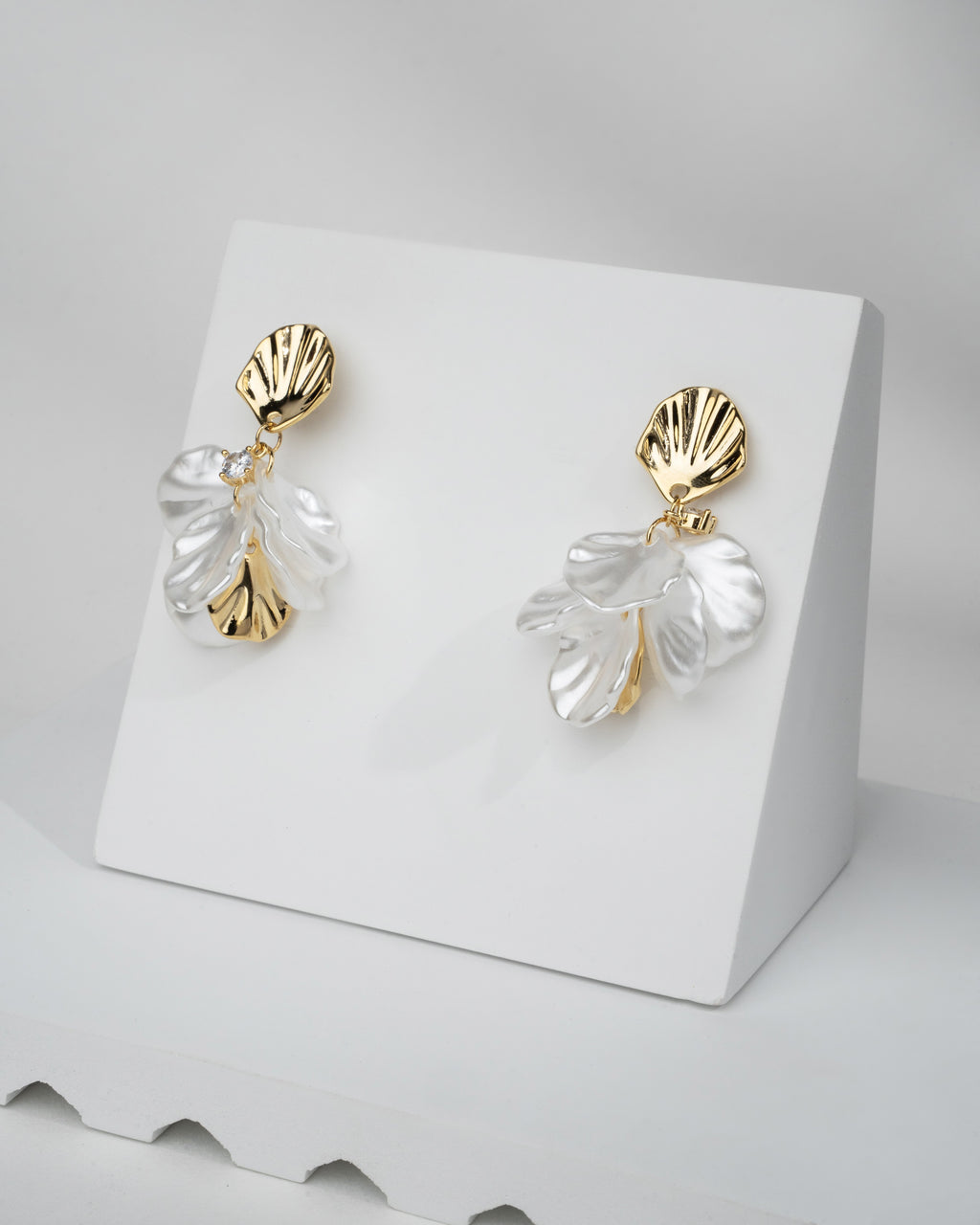 Elegant Gold-Plated Leaf Drop Earrings with Pearlescent Petals