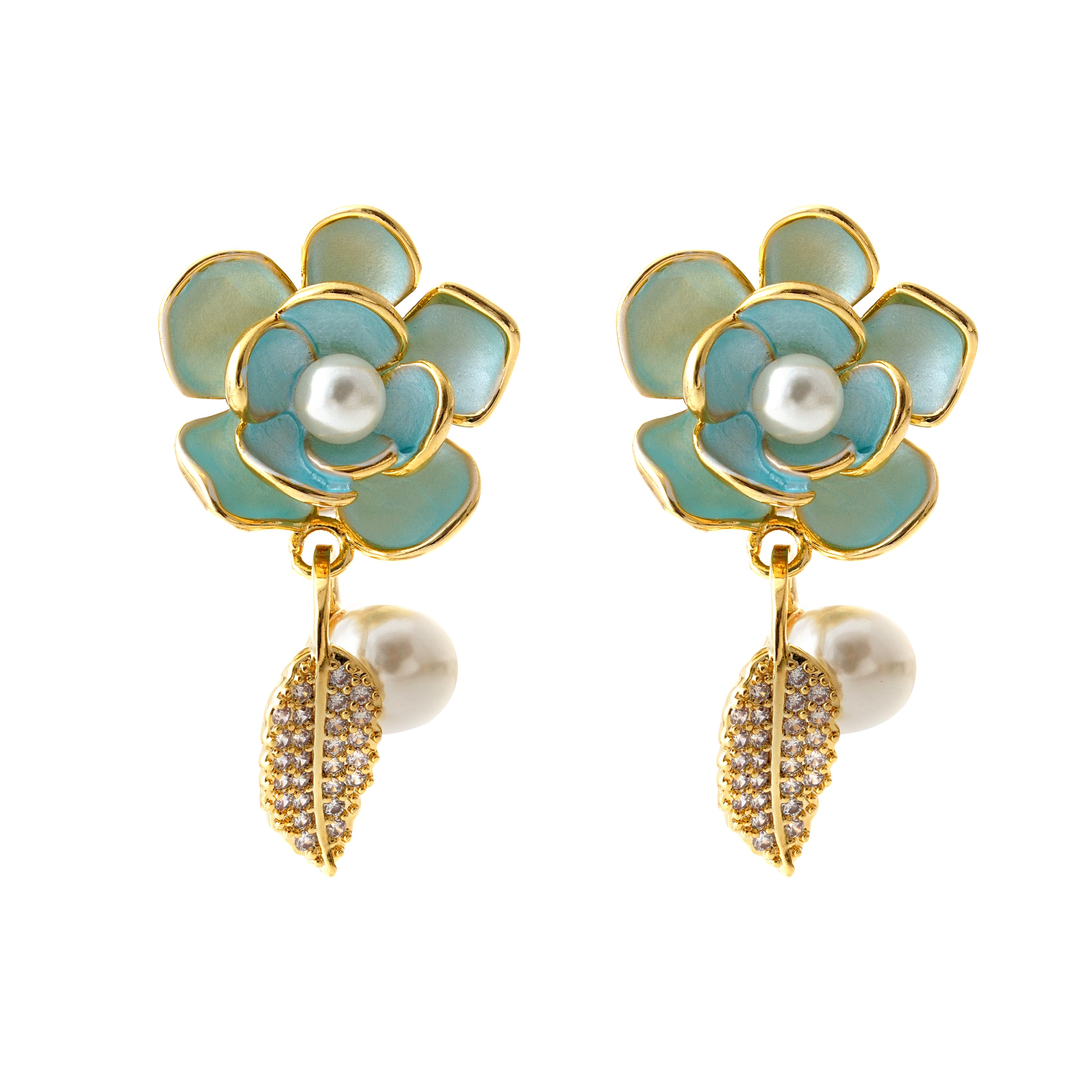 Aqua Bloom Pearl Drop Earrings