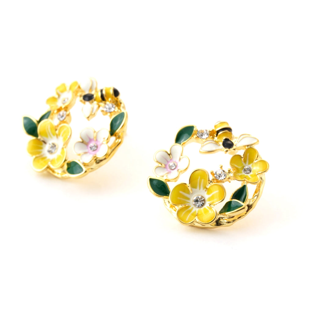 Enamel Bee & Flower Hoop Earrings