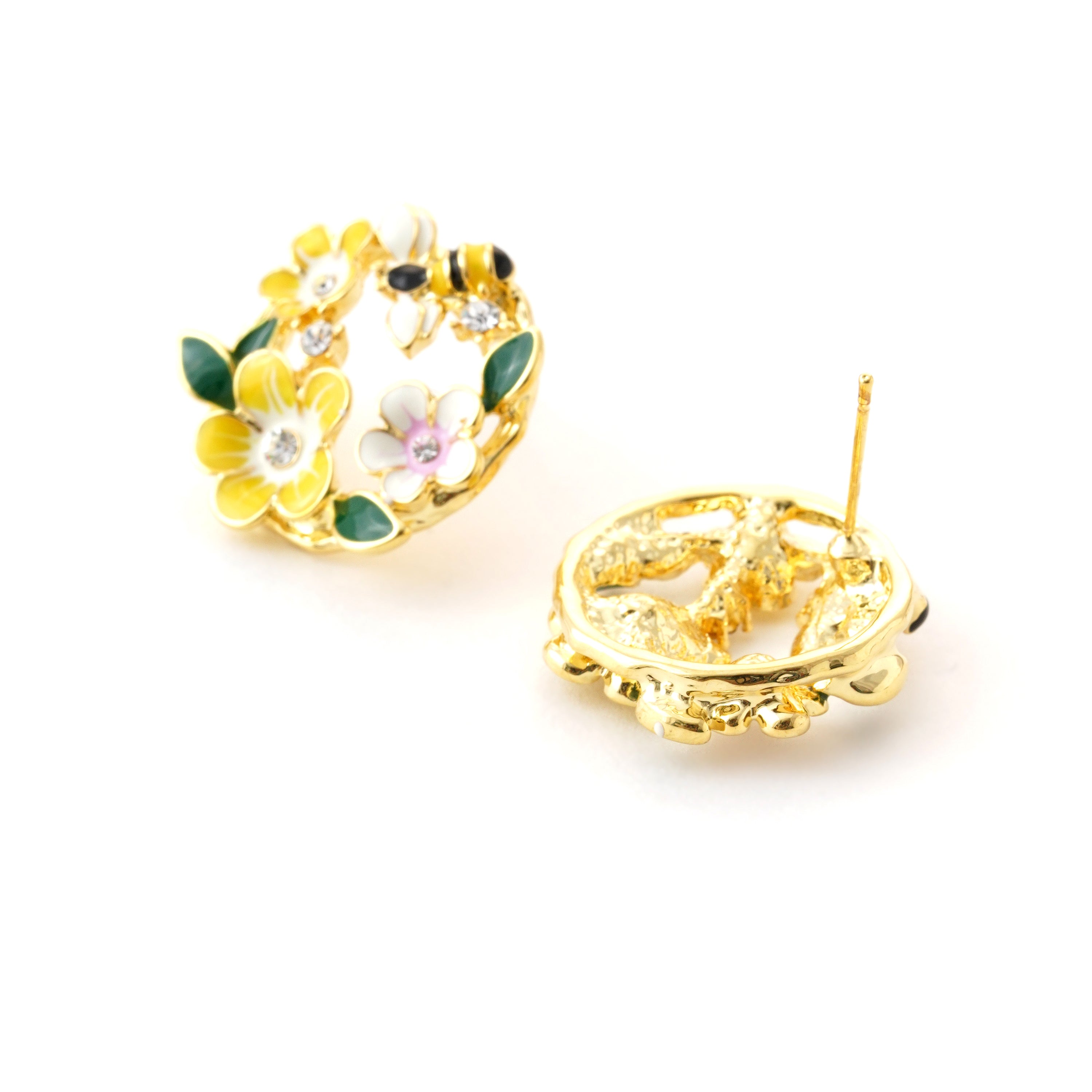 Enamel Bee & Flower Hoop Earrings
