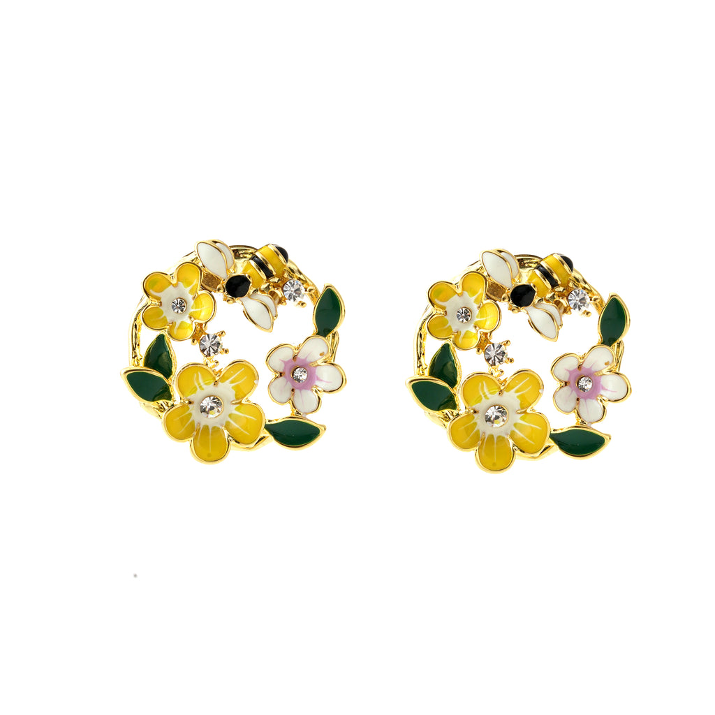 Enamel Bee & Flower Hoop Earrings