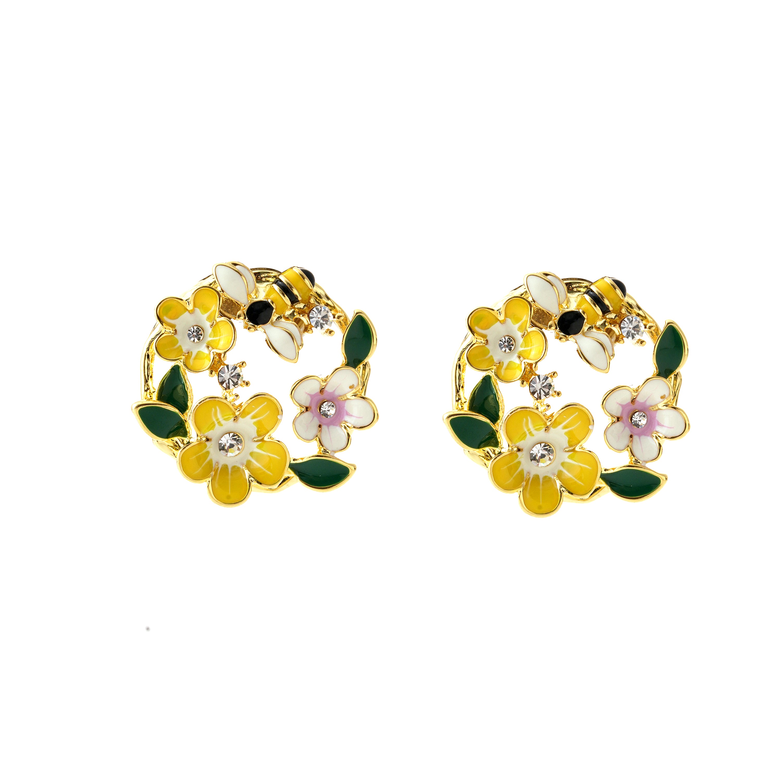 Enamel Bee & Flower Hoop Earrings