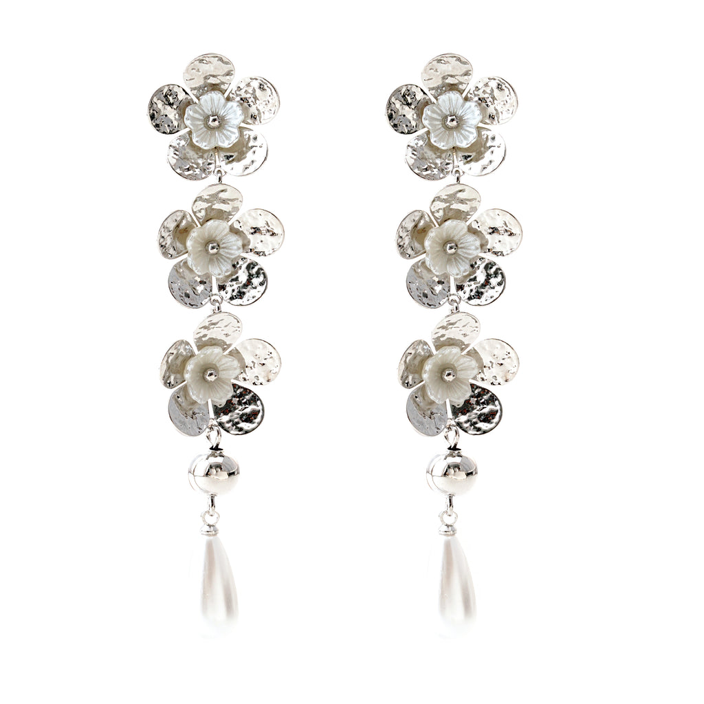 Silver Petal Drop Earrings with Pearls