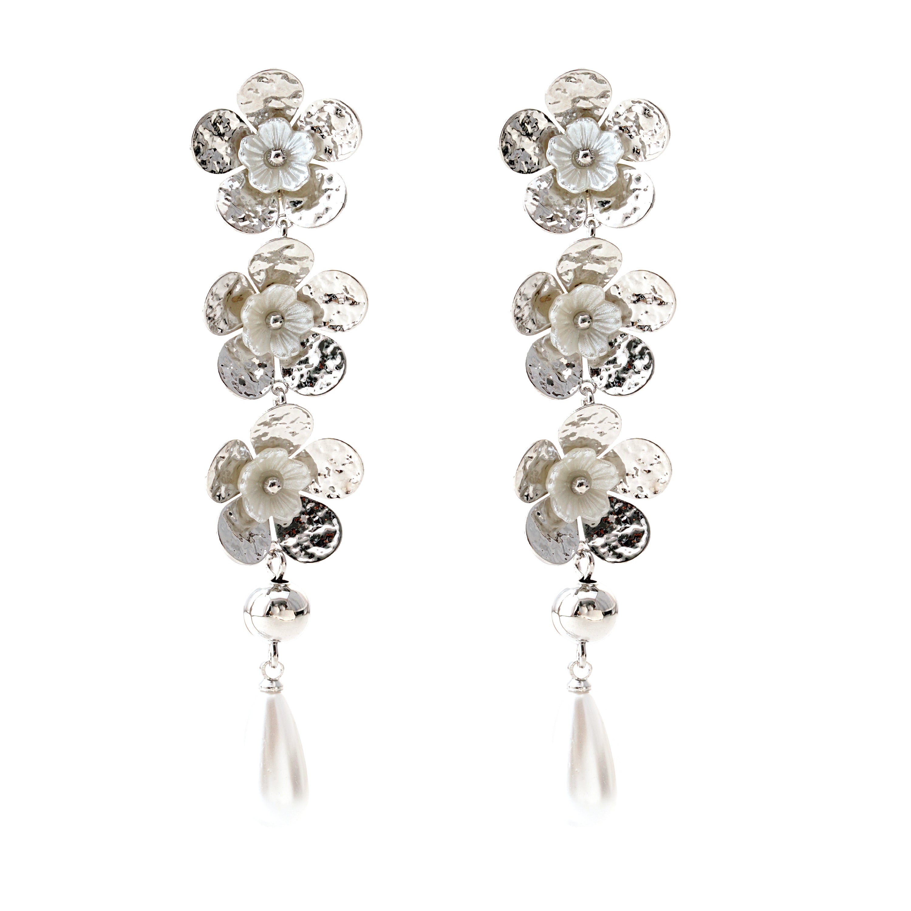 Silver Petal Drop Earrings with Pearls