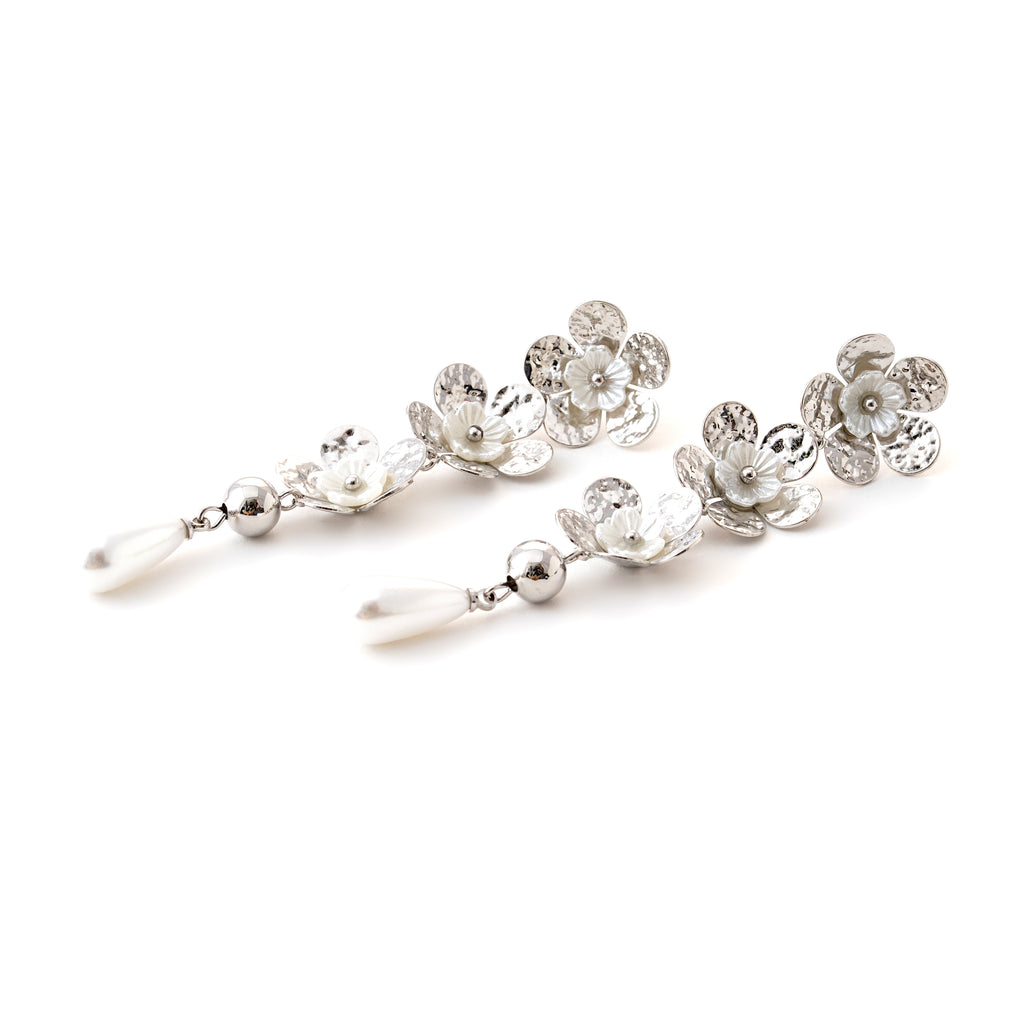 Silver Petal Drop Earrings with Pearls
