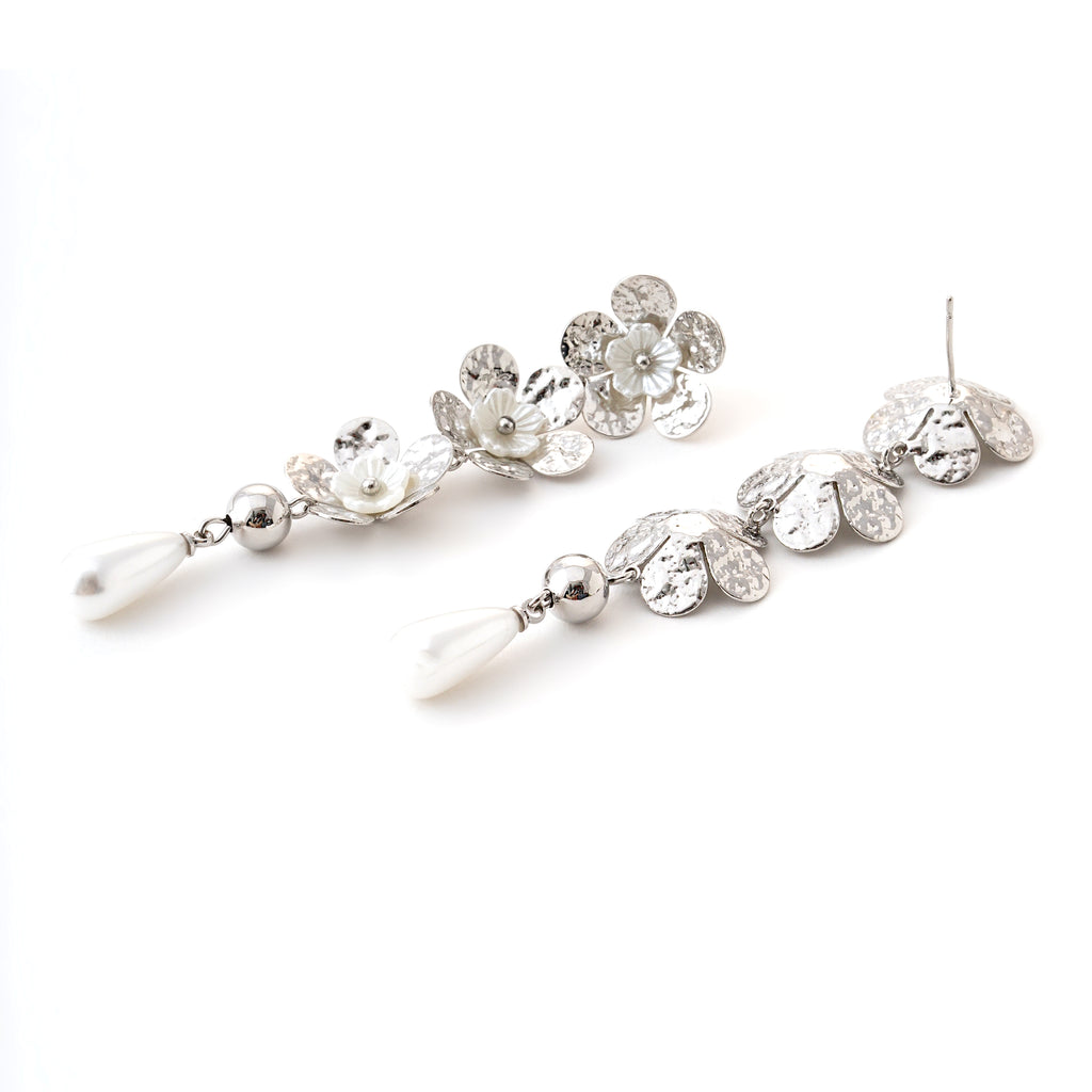 Silver Petal Drop Earrings with Pearls