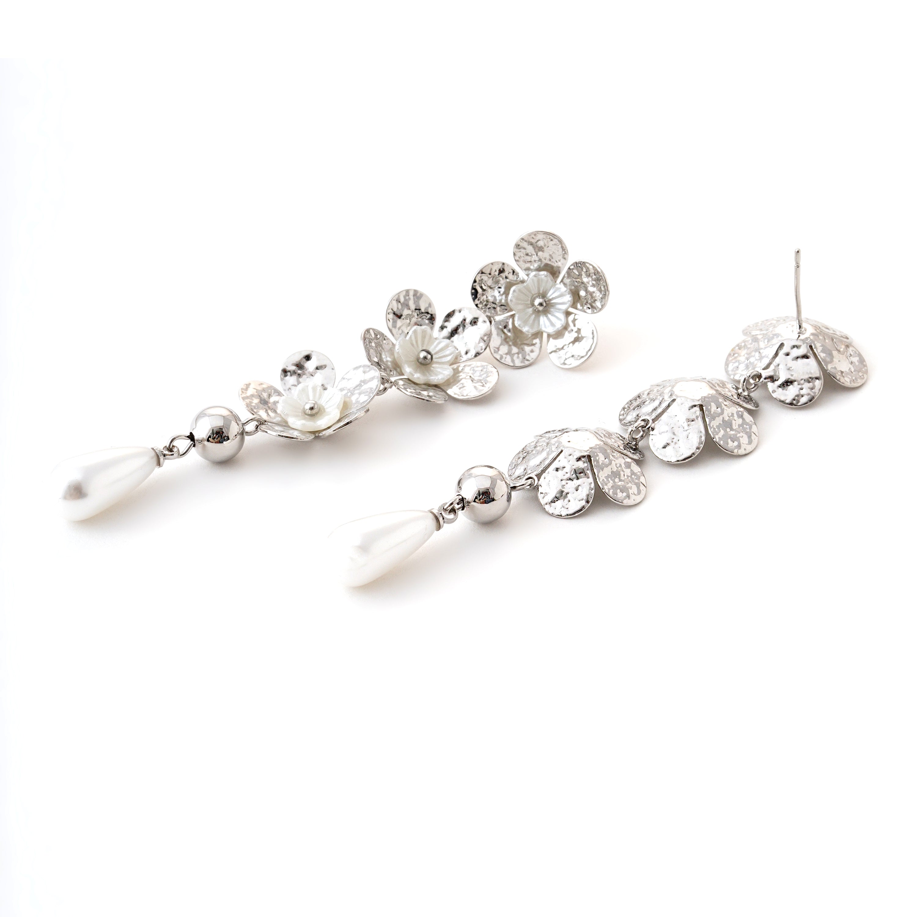 Silver Petal Drop Earrings with Pearls