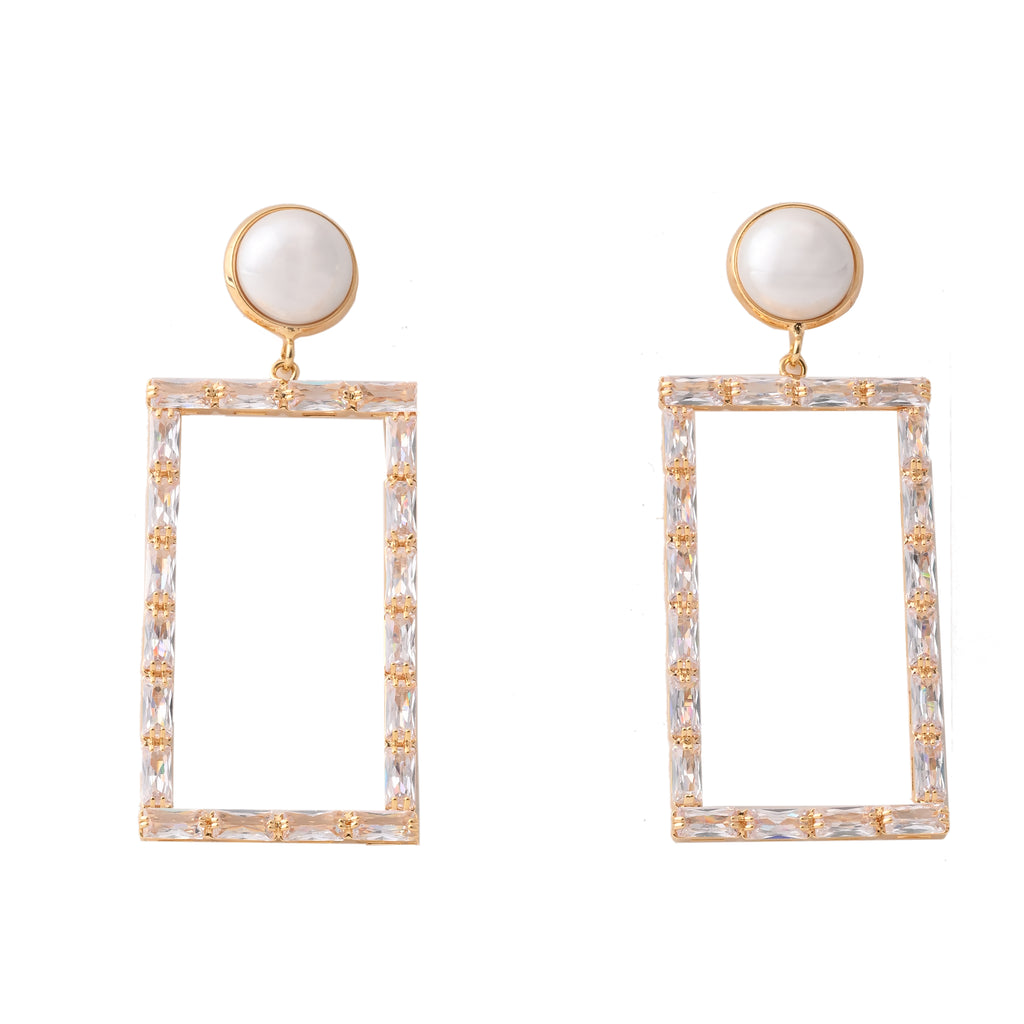 Elegant Pearl Studded Rectangle Drop Earrings