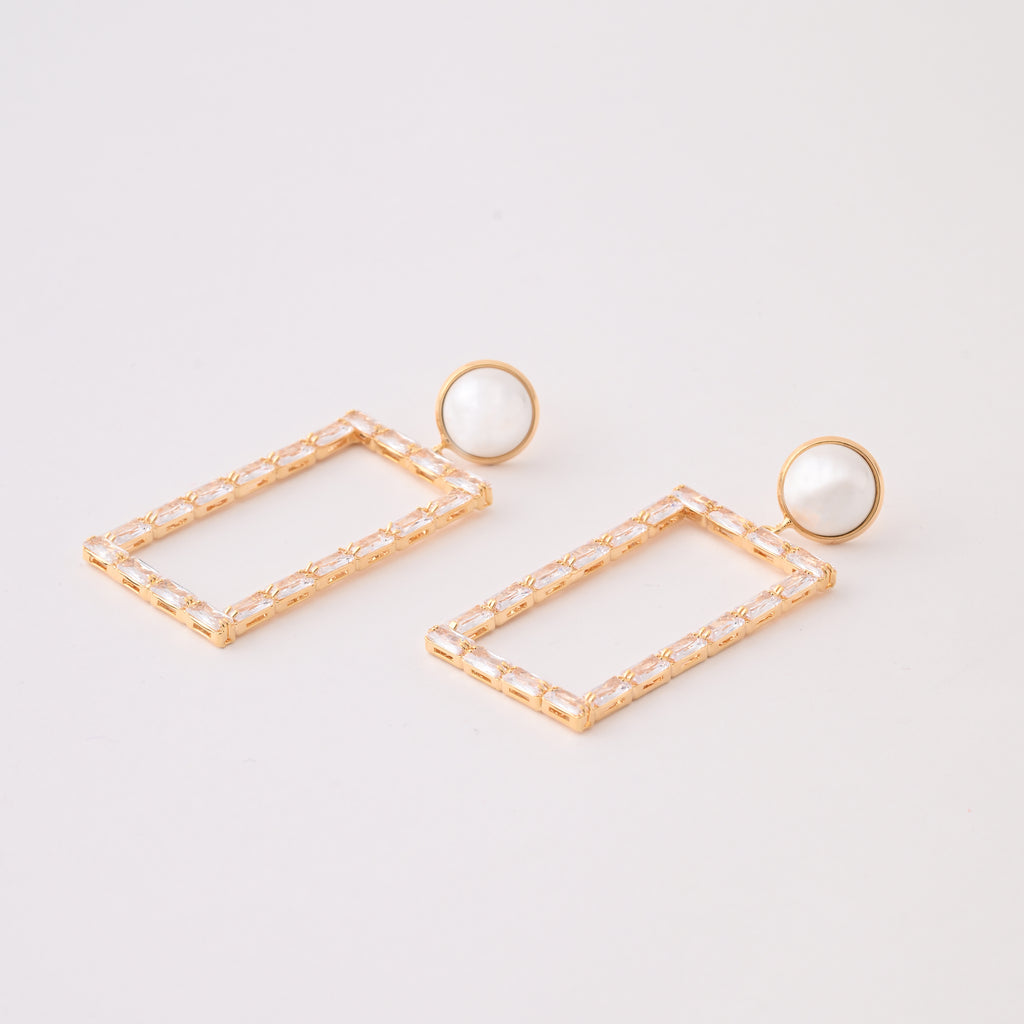 Elegant Pearl Studded Rectangle Drop Earrings