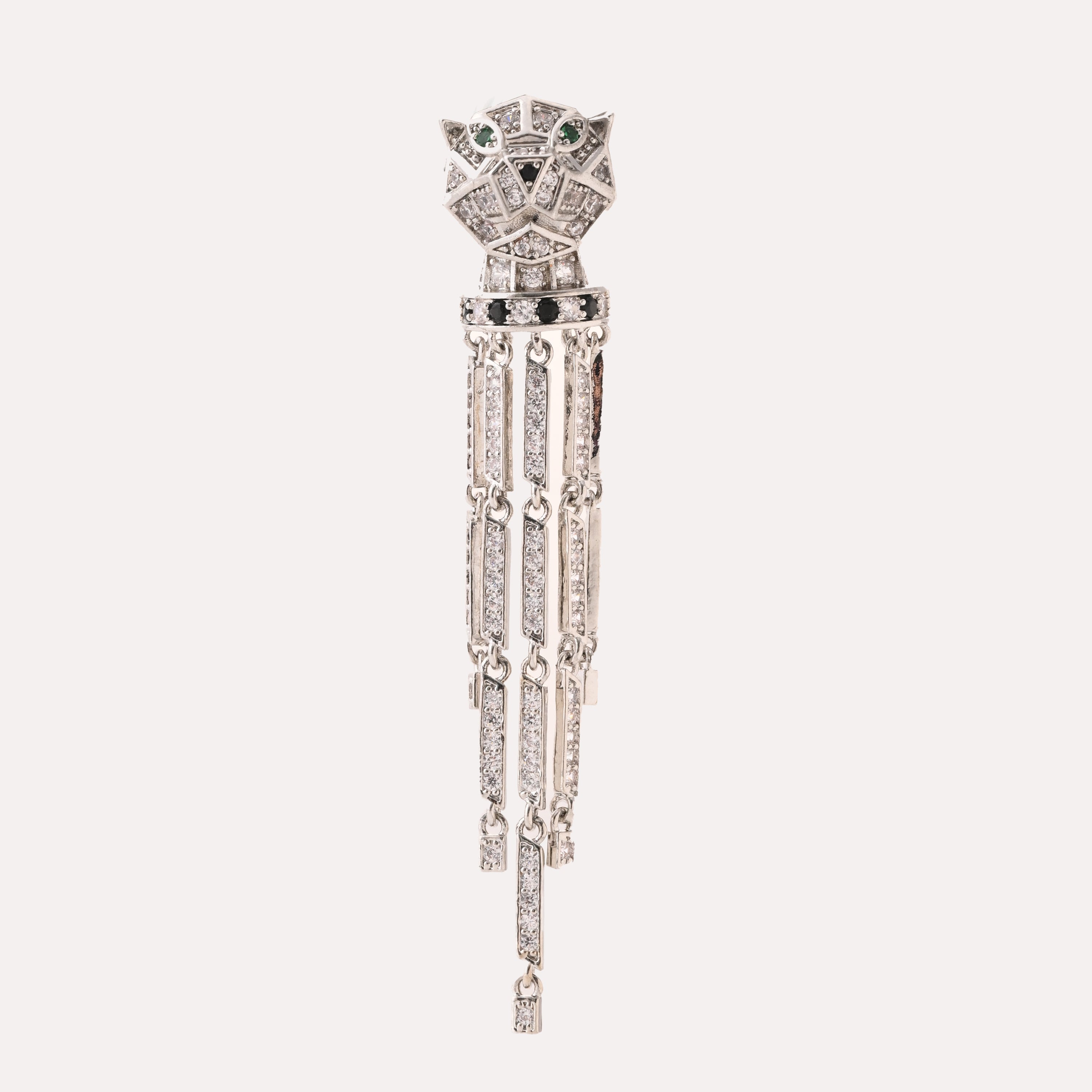 Silver Panther Tassel Statement Earrings